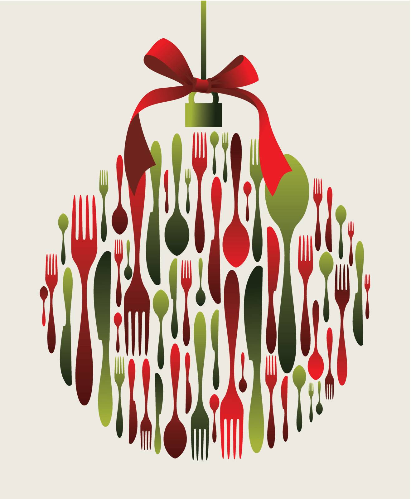 Christmas bauble Cutlery. Fork, spoon and knife pattern in bauble shape with a ribbon on top. Usable as invitation card. Vector file available.