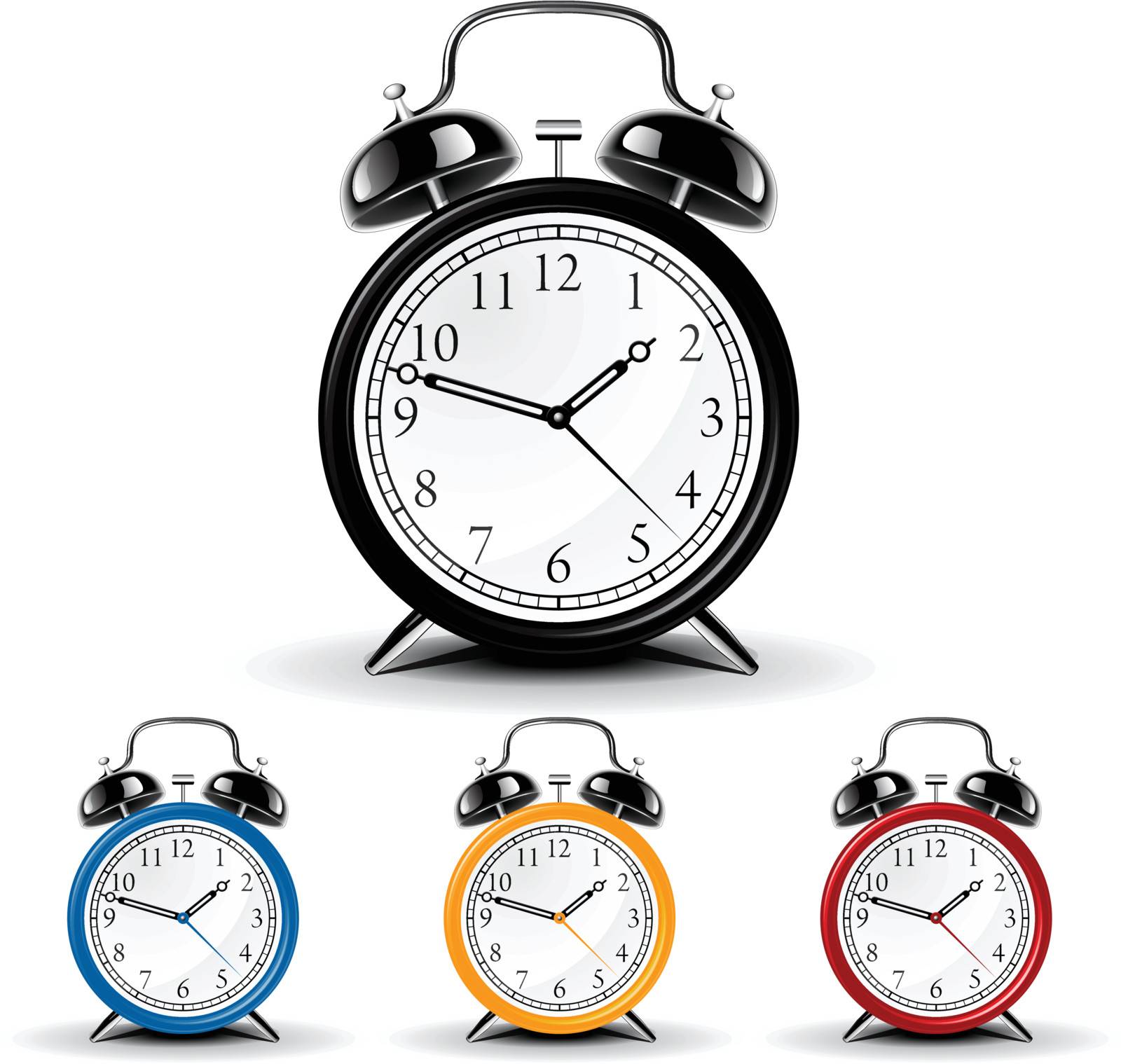 Alarm clock icon set in four different colours. Vector illustration