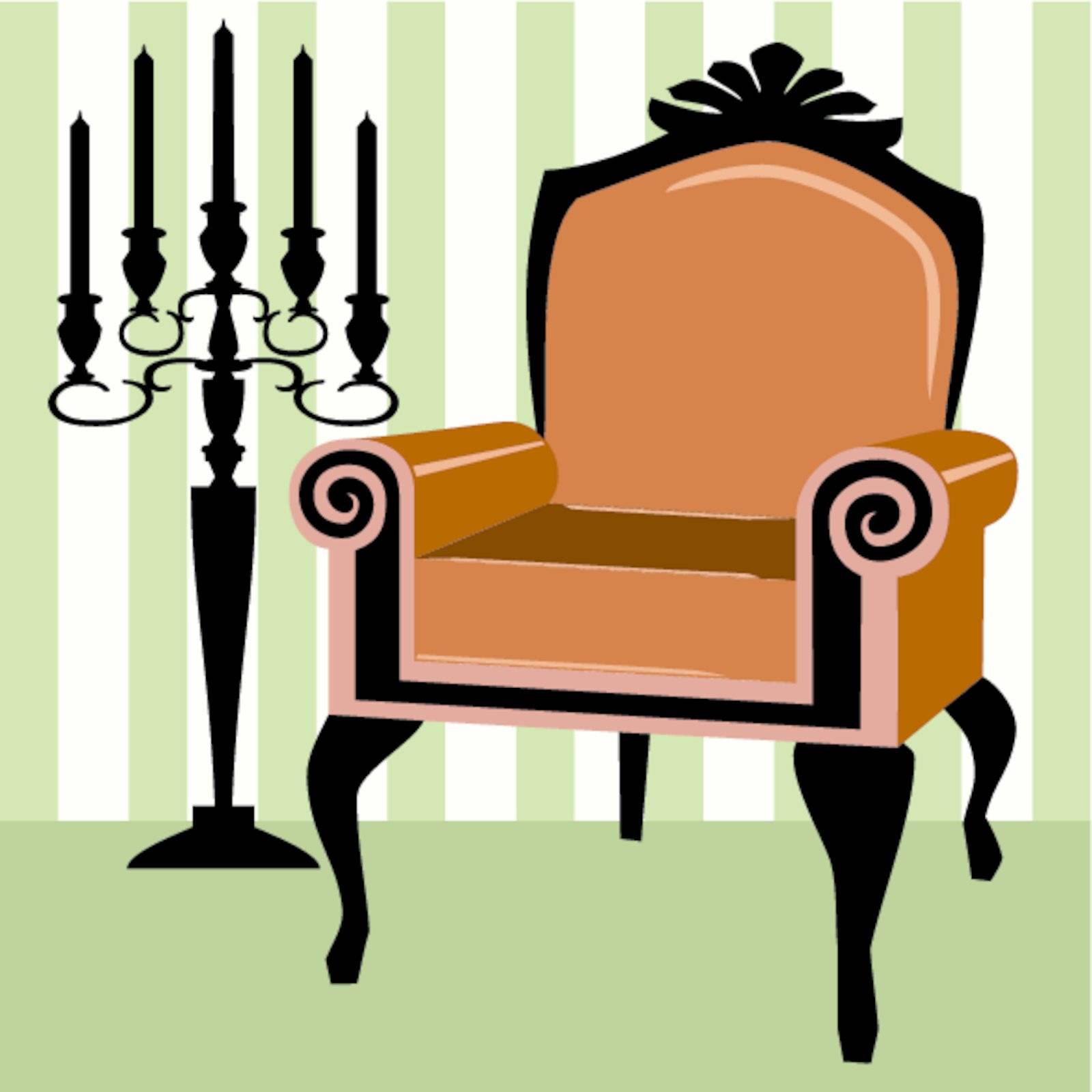 Armchair and candelabra on the wallpaper. Design ideas for home interior, decorating elements.