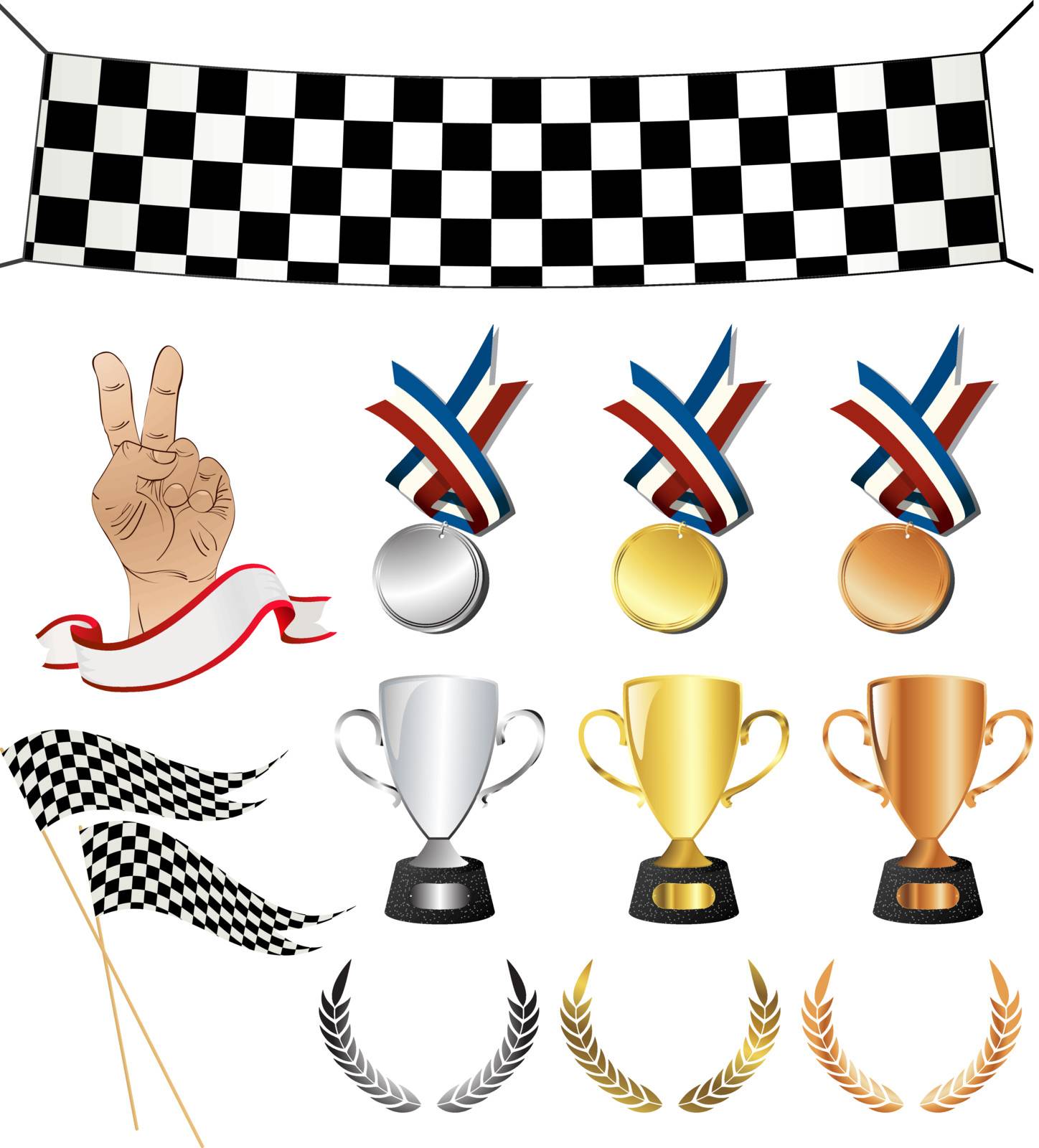 Victory icons, sports related set. Isolated and grouped objects over white background. No mesh or transparencies, easy to use, edit objects.