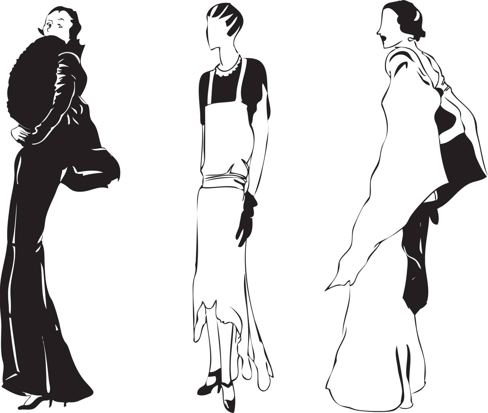 Vector illustration of woman in an evening of stylish outfits.