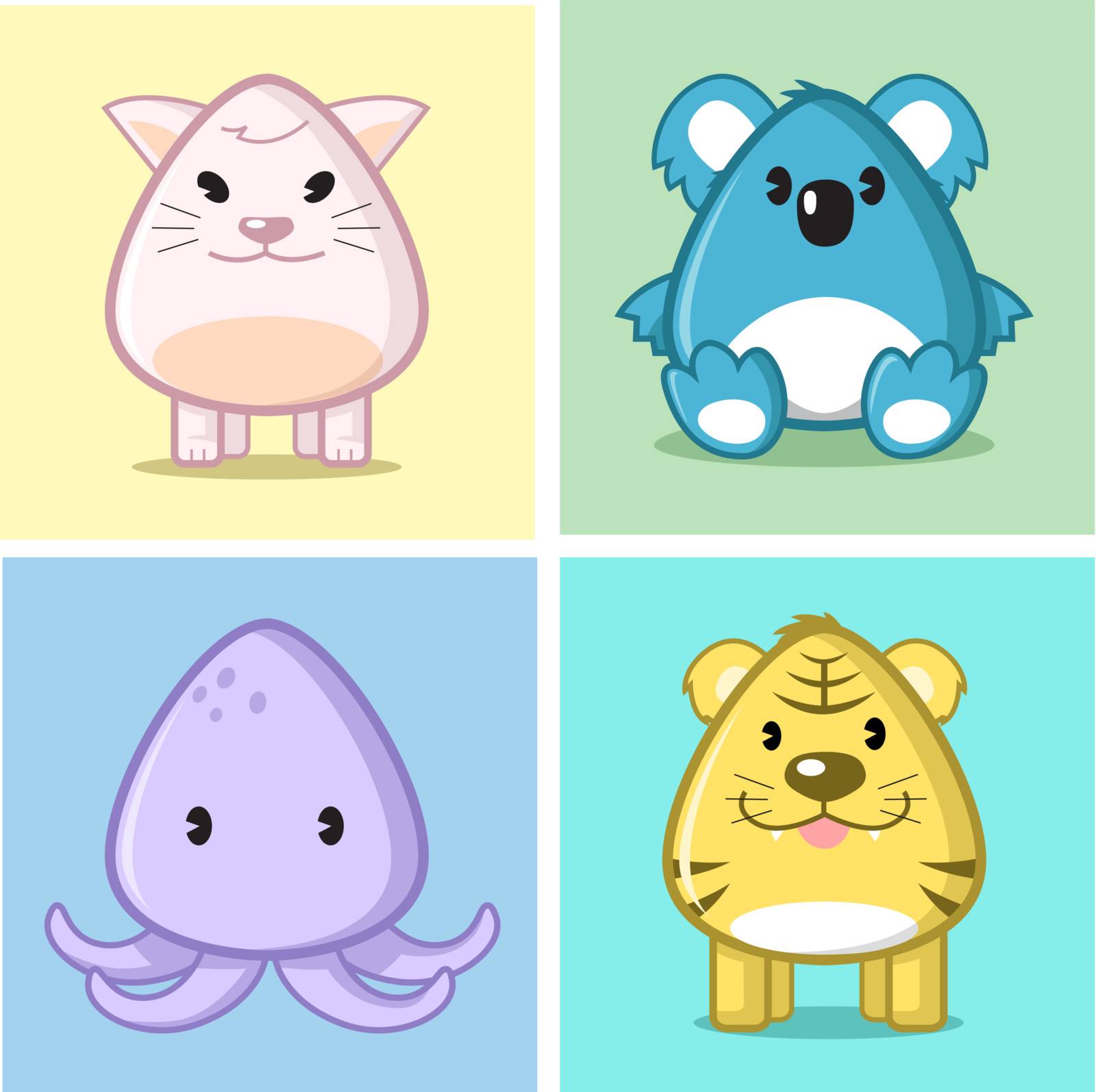 Image of animal (cat, koala, squid, tiger) in caricature cartoon style with soft and cute color on nice colored background