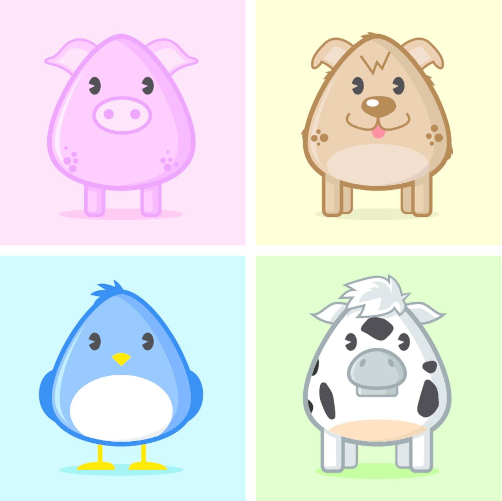 Image of animal (pig, puppy, bird, cow) in caricature cartoon style with soft and cute color on nice colored background. See my portfolio to see other cute animals