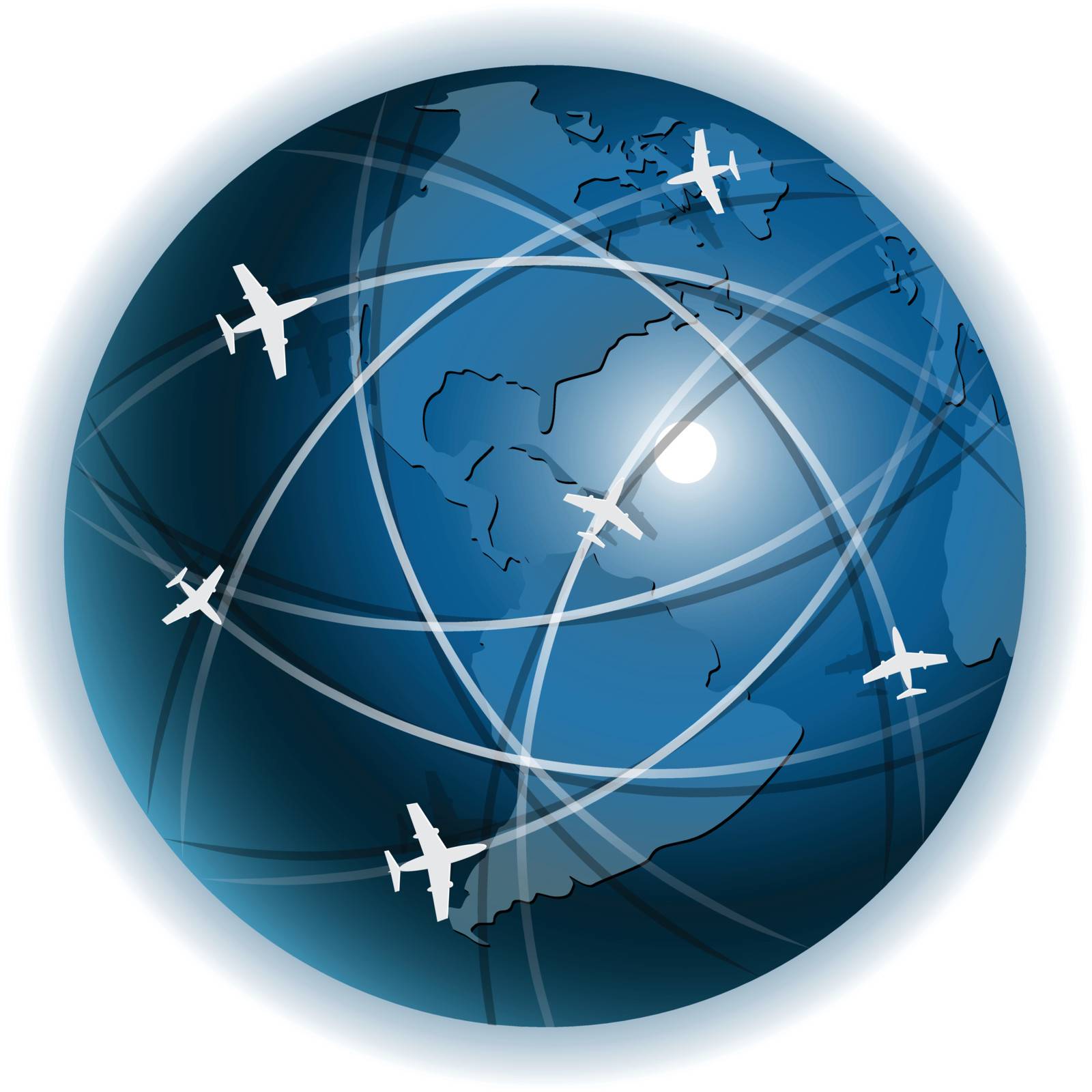 illustration, plane on blue globe on white background