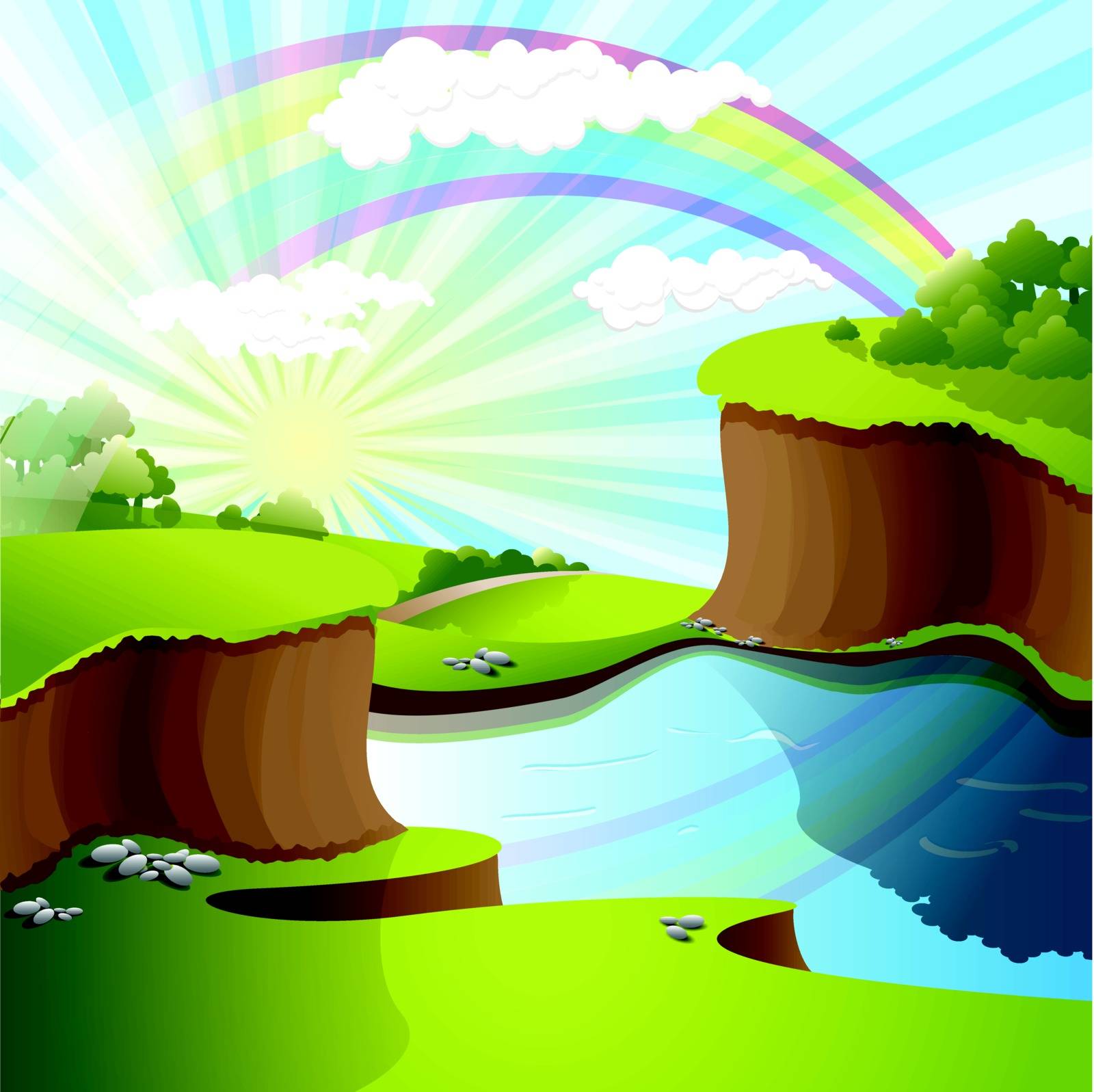 illustration, landscape rainbow on river on background sky