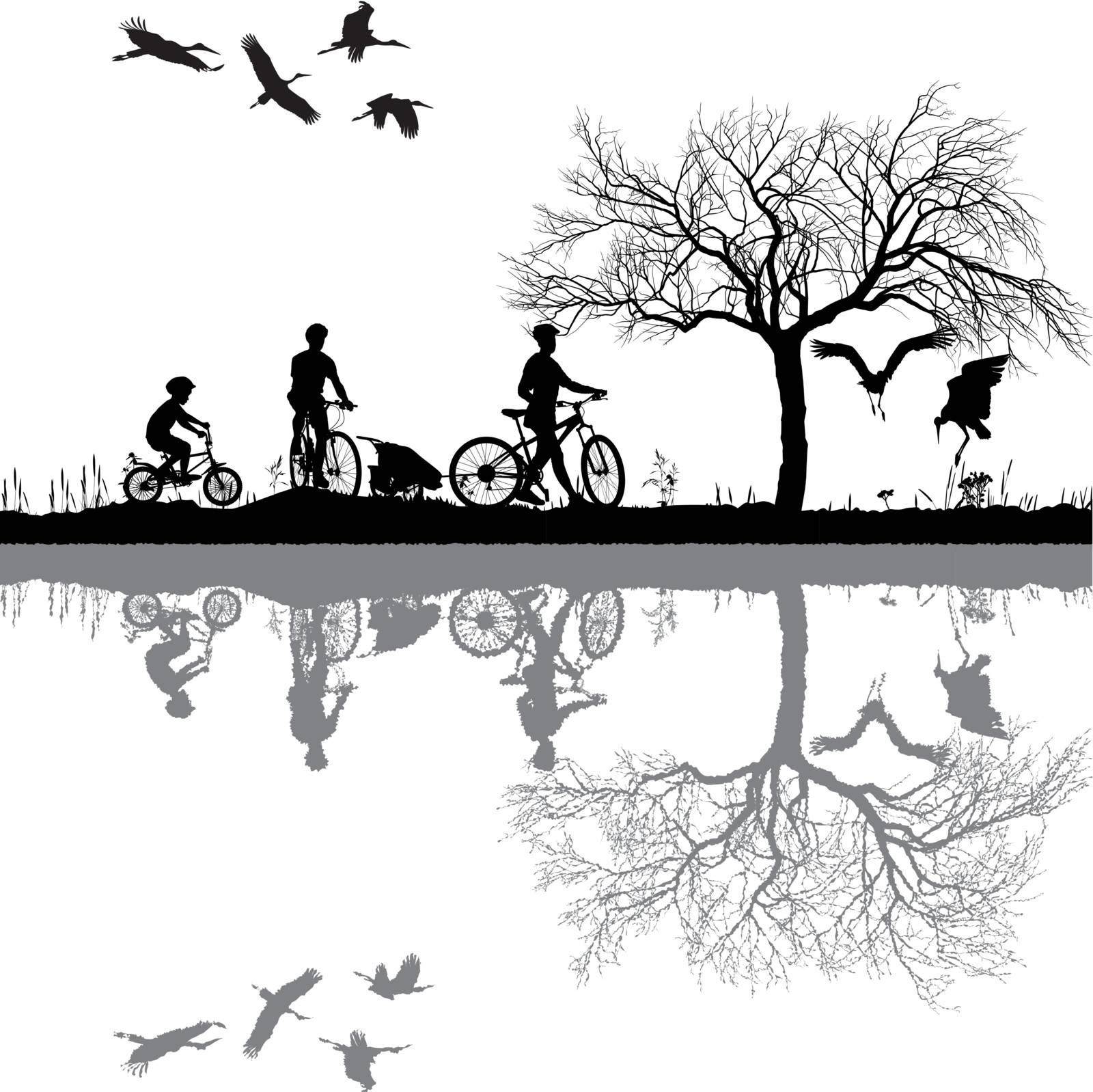 Illustration of a family on bicycles and their reflection in water