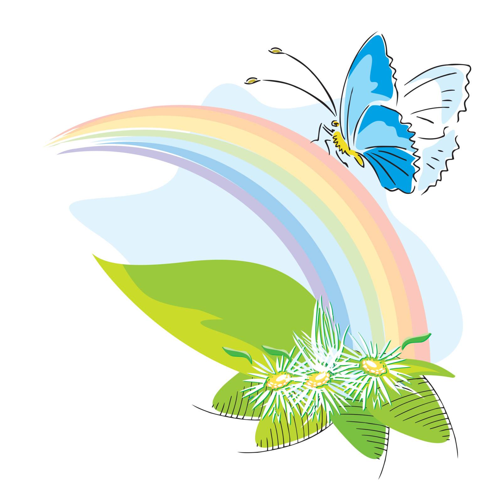 Rainbow with flowers and butterflies vector illustration