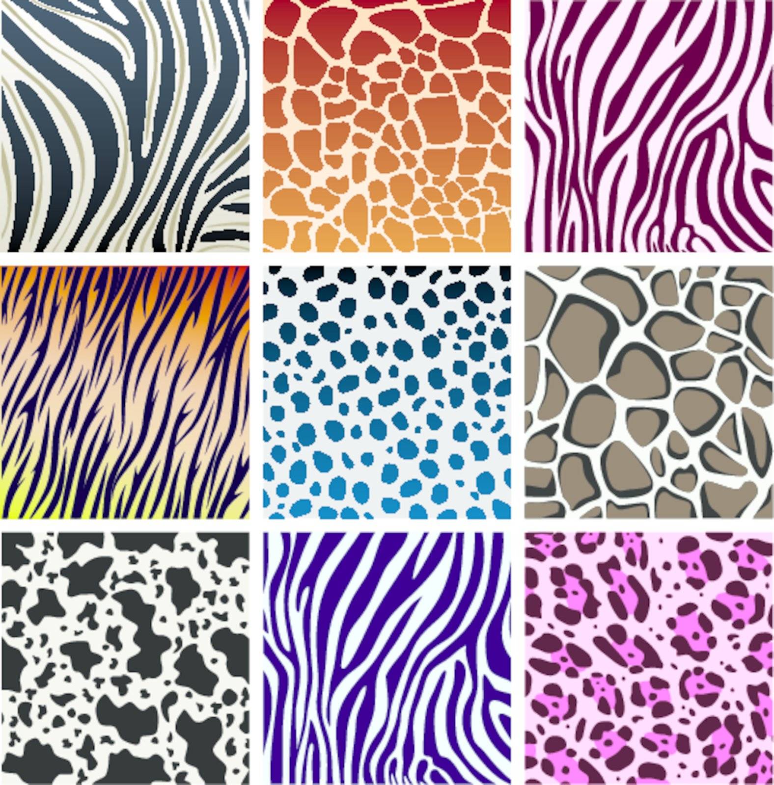 vector animal skin textures of tiger, zebra, giraffe, leopard, cow and cheetah