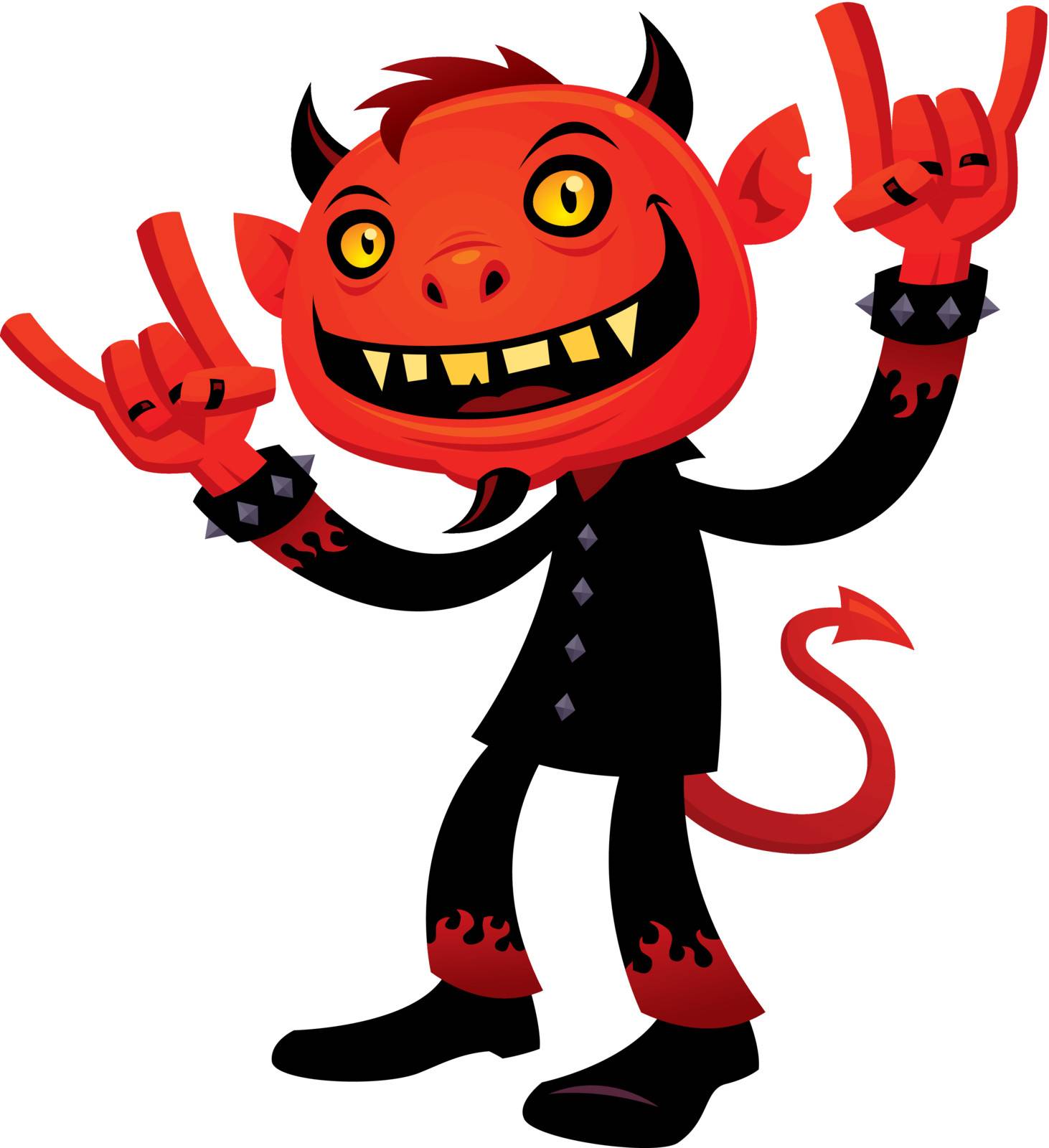 Vector cartoon illustration of a grinning devil character with heavy metal, rock and roll, devil horns hand signs.