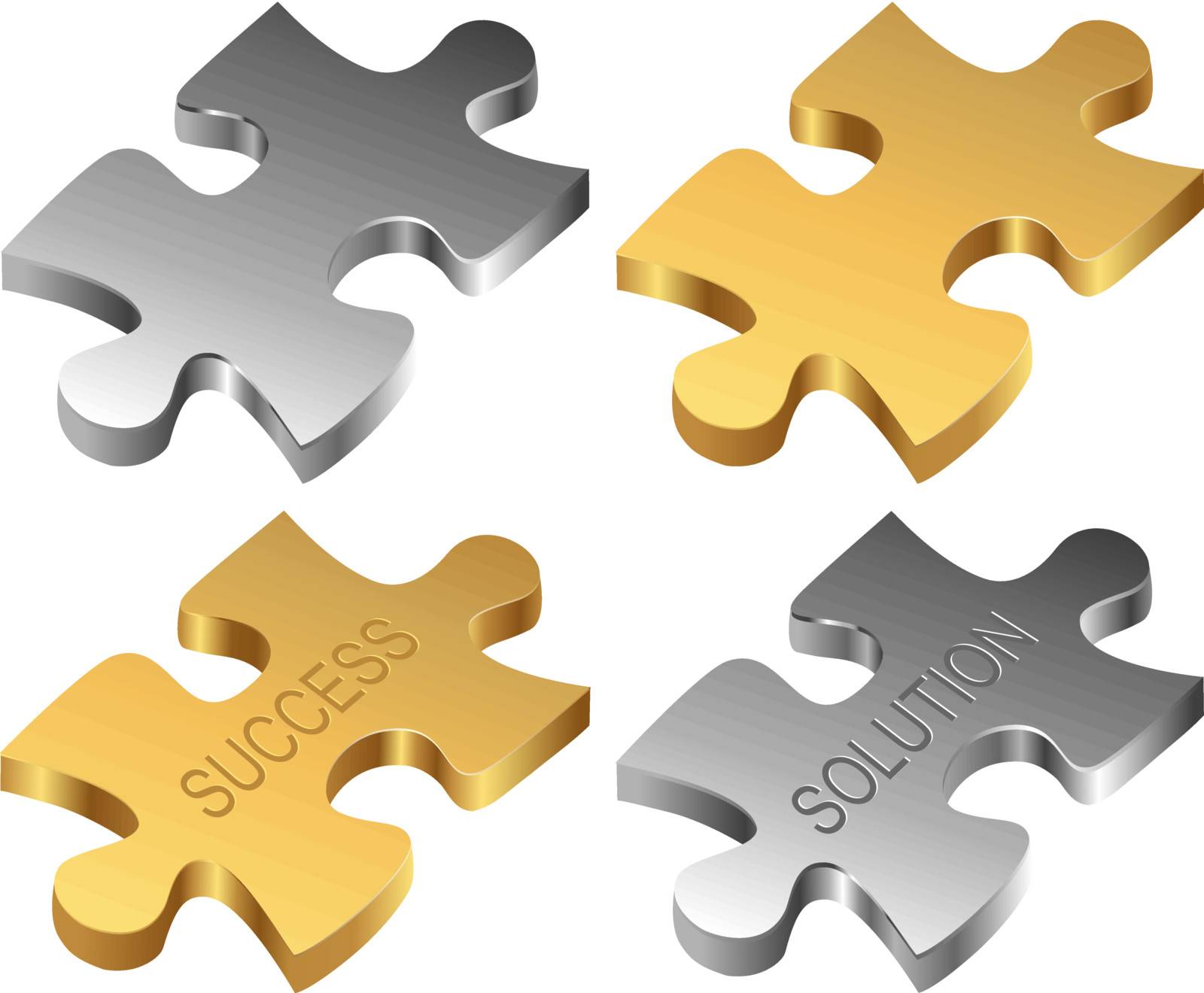 Silver and golden jigsaw pieces. One with the word success, another with solution and two blank pieces