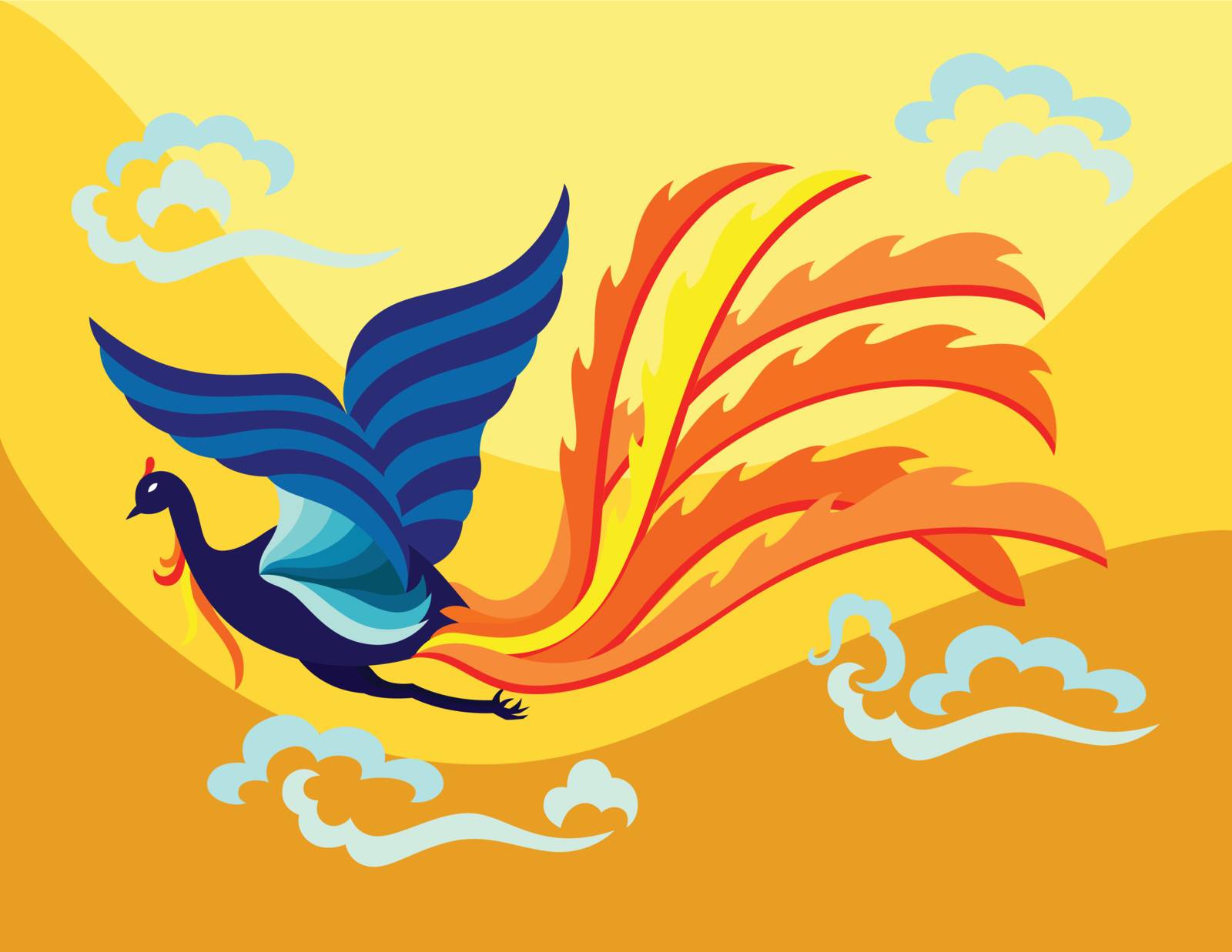  an oriental decorative phoenix flapping it’s wing in the sky with flamed feather.