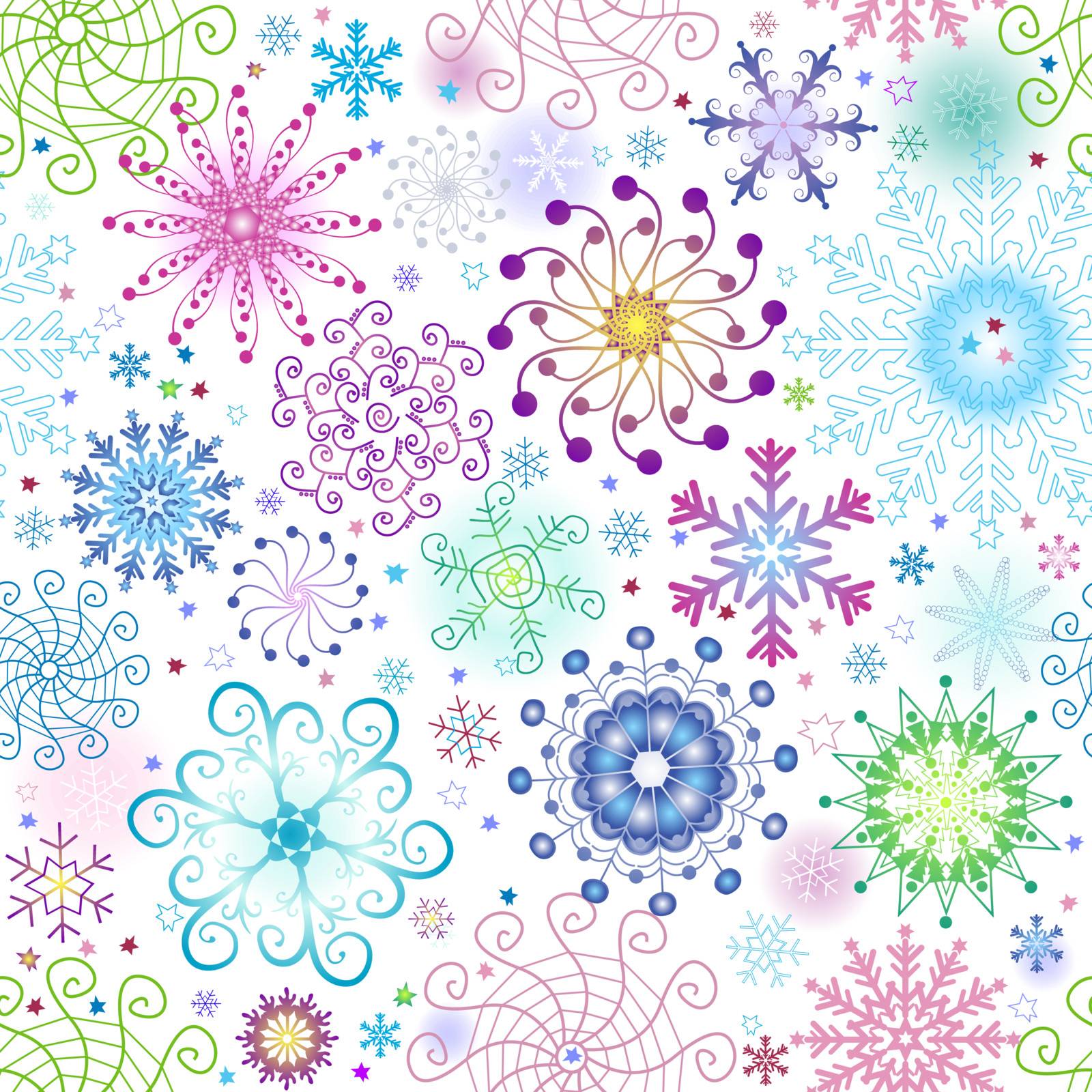 Christmas seamless pattern with variegated colorful snowflakes and stars (vector)