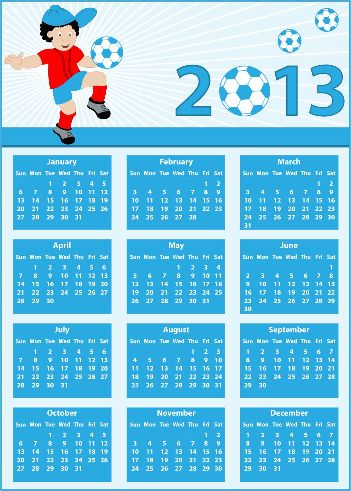 Calendar 2013 with a soccer theme. Child football player cartoon character bouncing his ball on his knee.