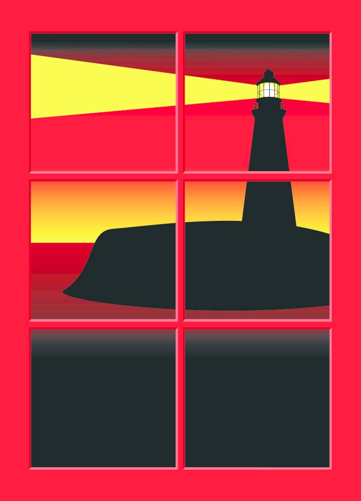 Illustration of a lighthouse seen through a window at sunset