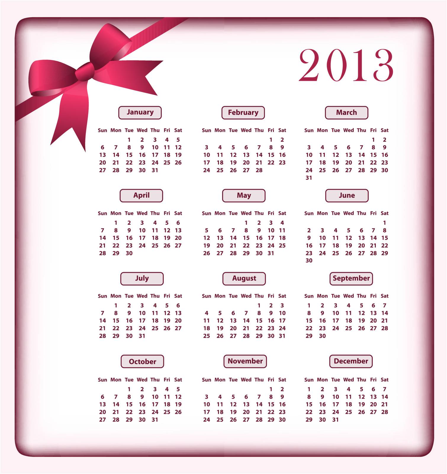 Calendar 2013 year with a red bow.