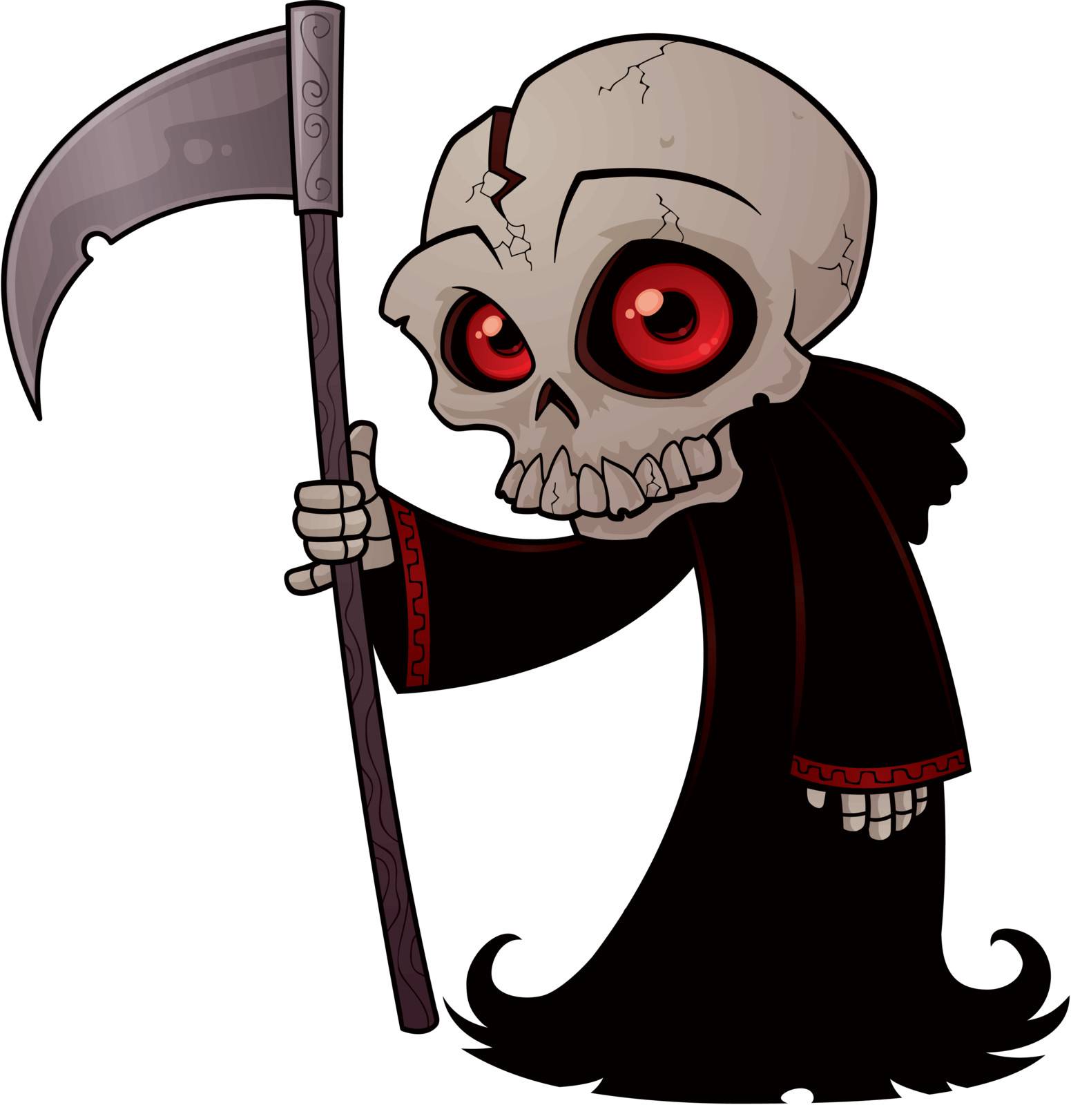 Vector cartoon illustration of a little Grim Reaper with red eyes holding a scythe.