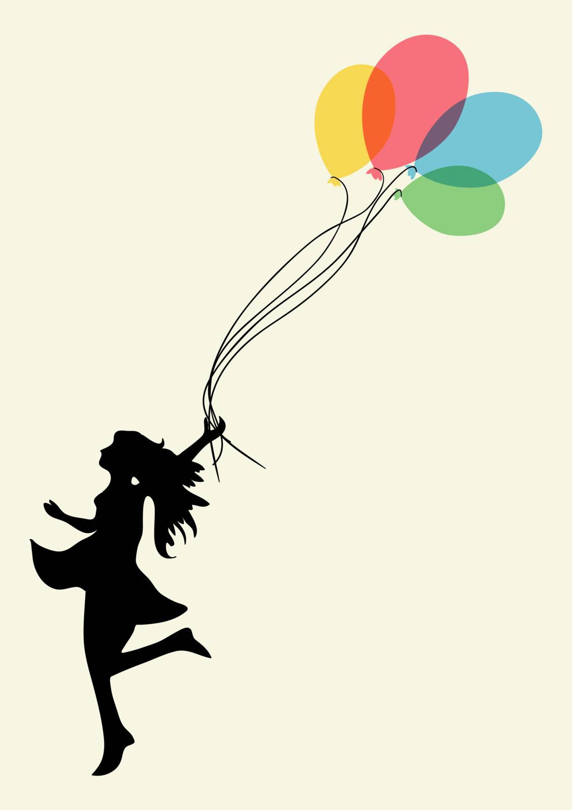 Happy dancing woman with floating balloons. EPS10 file version. This illustration contains transparencies and is layered for easy manipulation and custom coloring