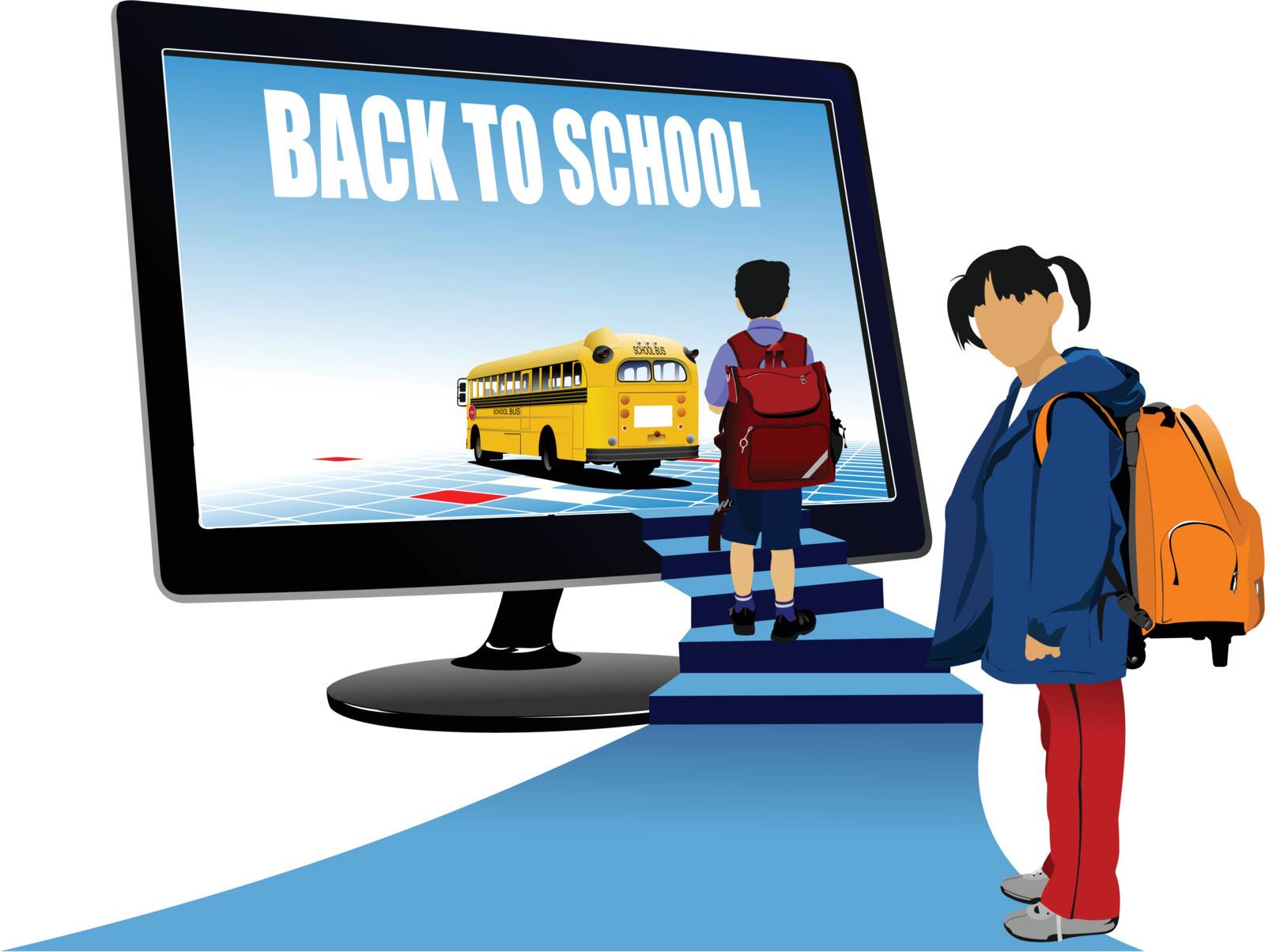 School boy and school girl  upstairs to school bus. Back to school. Vector illustration