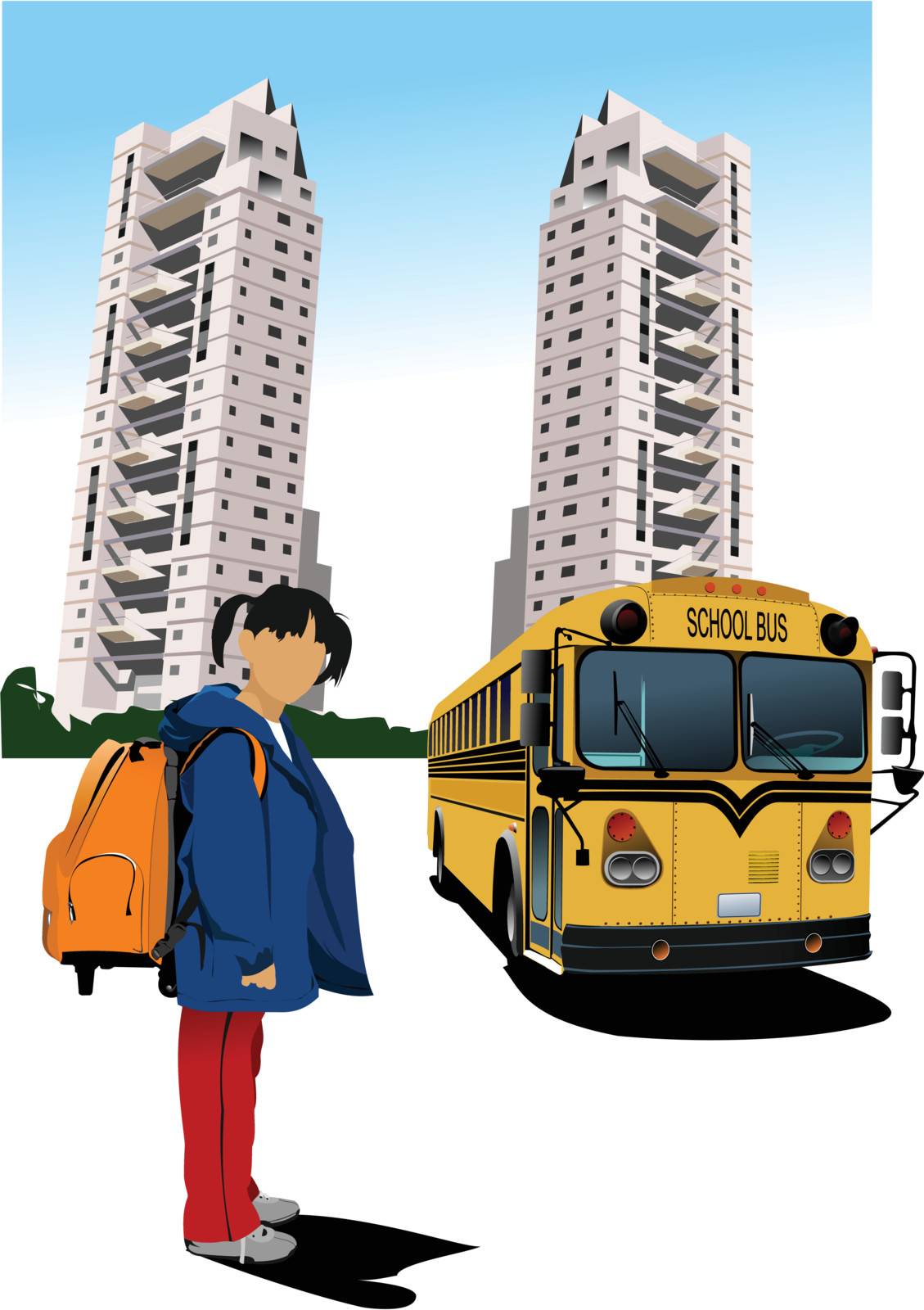 Dormitory and school bus. School girl. Back to school. Vector illustration