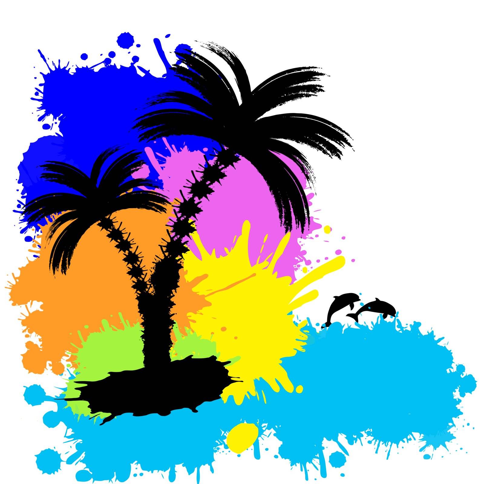 Tropical background with palms made from colored splatters, vector illustration