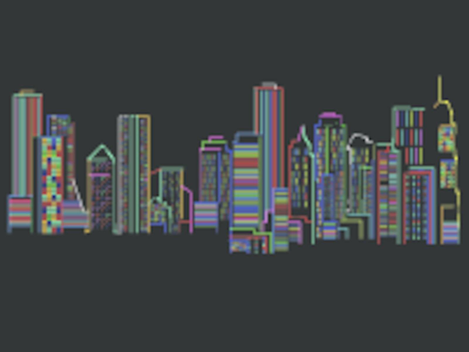Cityscape background with colored skyscrapers over black background . abstract art illustration