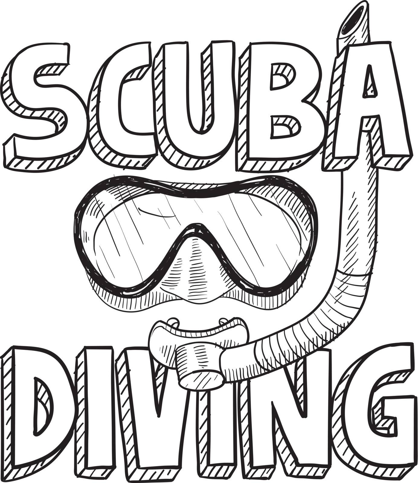 Doodle style scuba diving illustration in vector format. Includes text, diving mask, and snorkel.