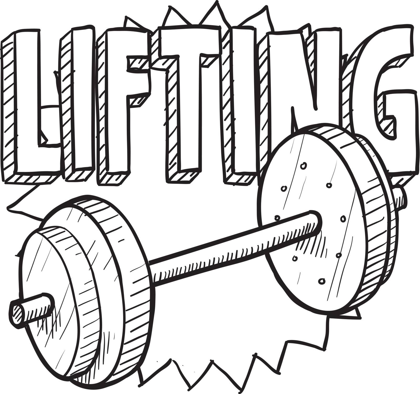 Doodle style weightlifting sports illustration. Includes text and barbells.