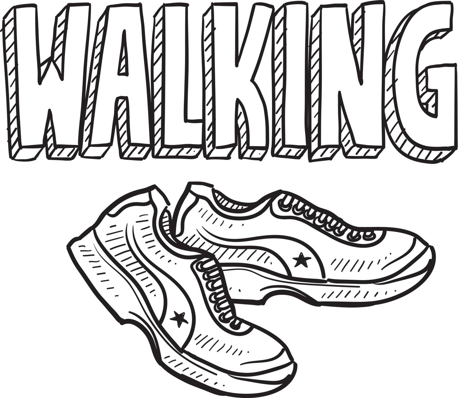 Doodle style walking sports illustration. Includes text and tennis shoes.