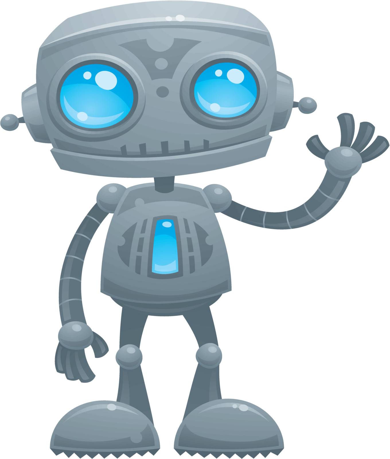Vector cartoon illustration of a cute and friendly robot with blue eyes waving hello.