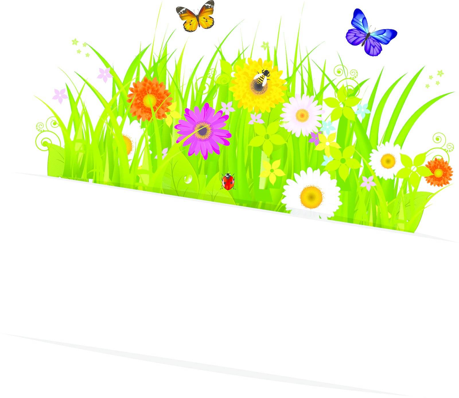 Paper Sticky With Grass And Flowers, Isolated On White Background, Vector Illustration