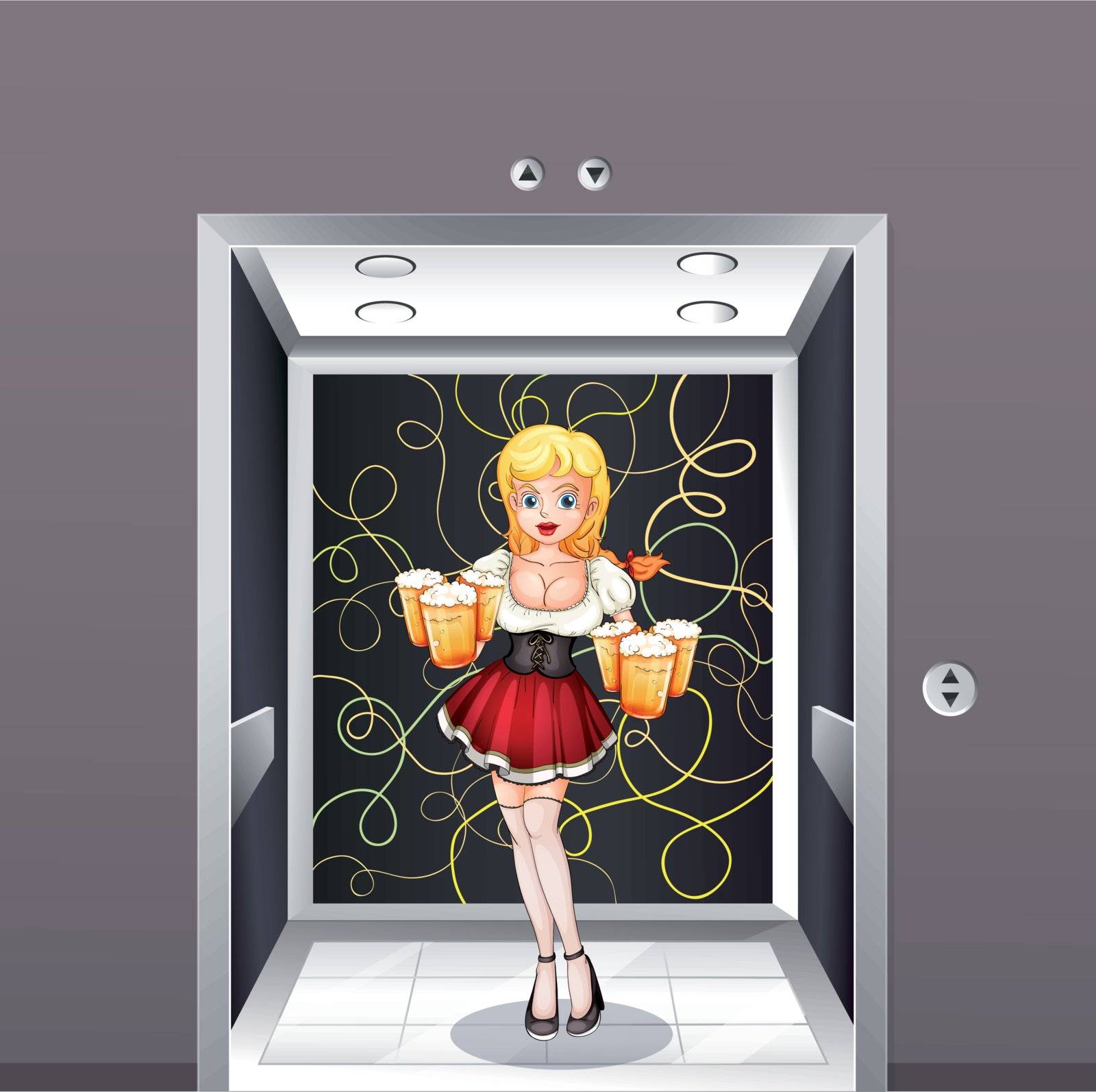 Illustration of a waitress at the elevator