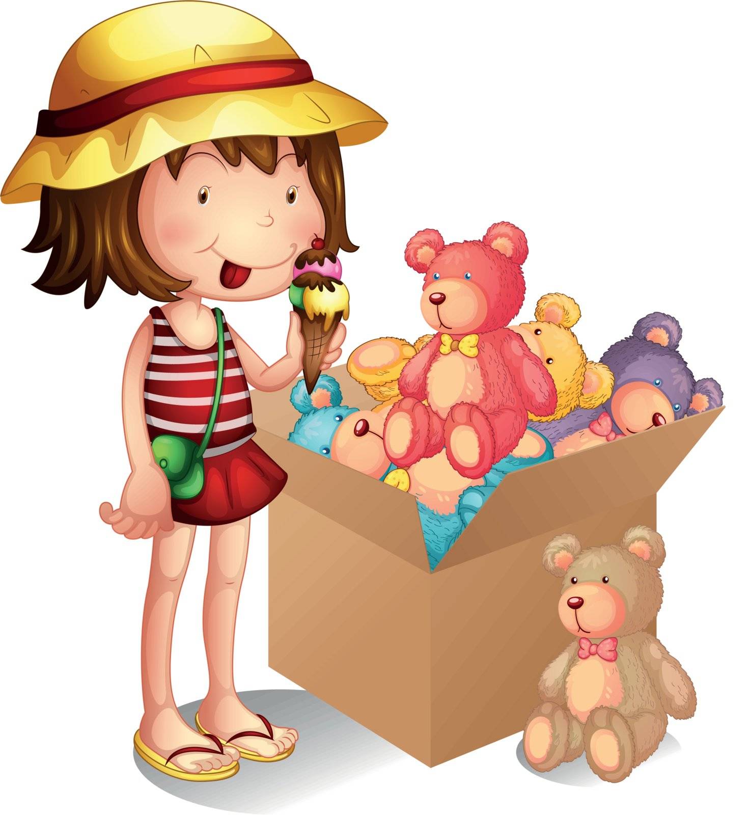 Illustration of a young girl beside a box of toys on a white background