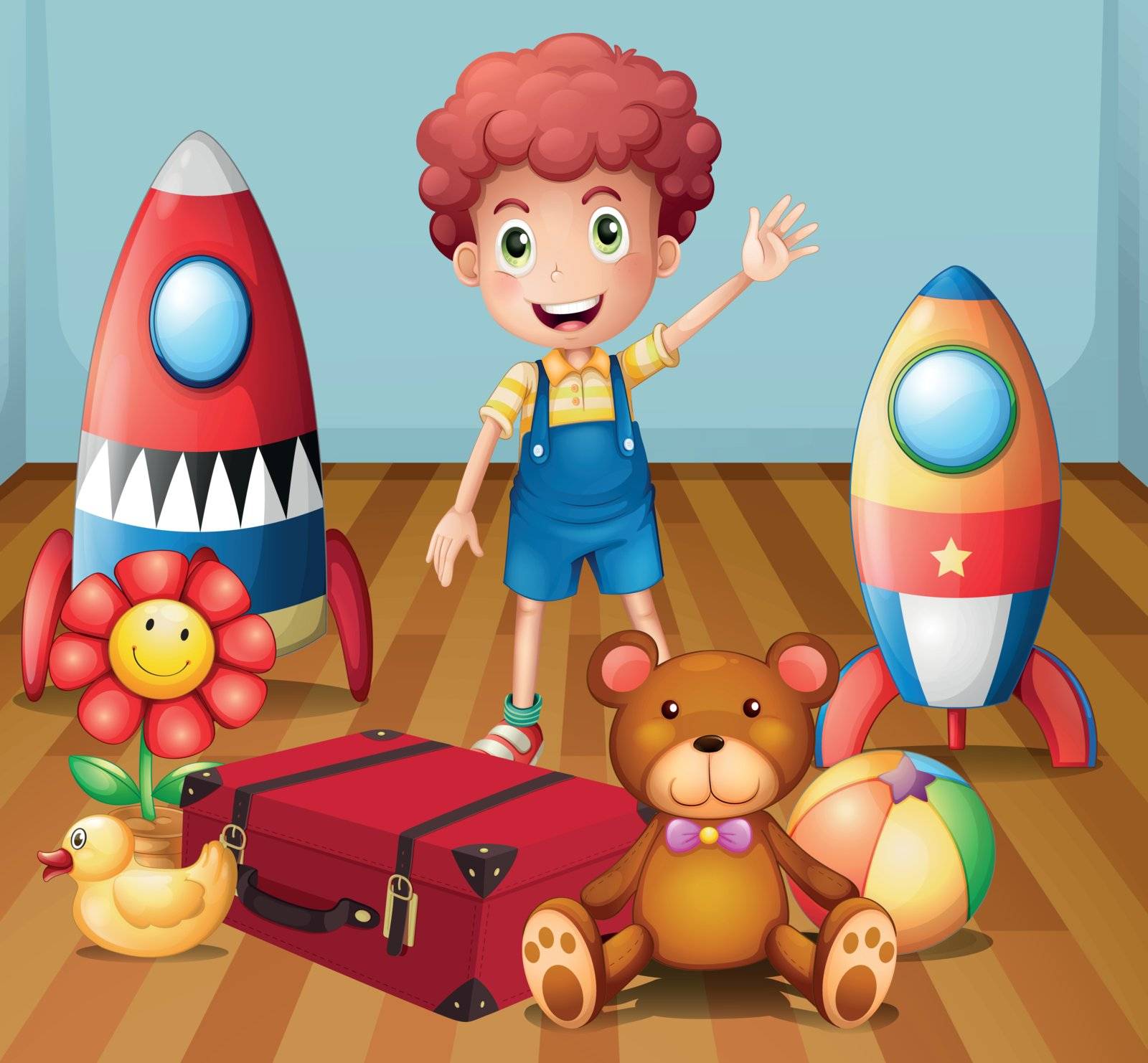 Illustration of a young boy with his toys inside the room