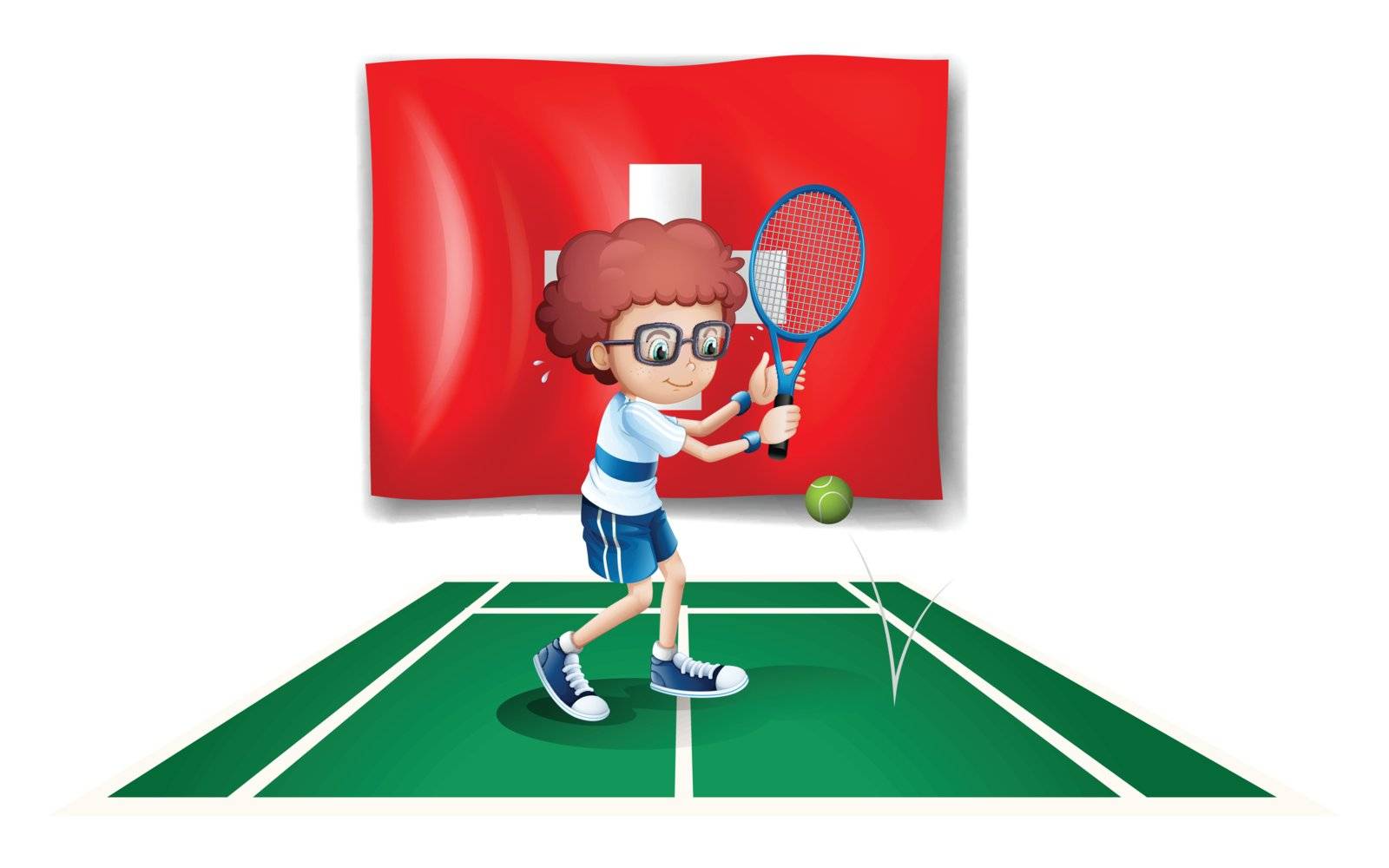 Illustration of a boy playing tennis in front of the Switzerland flag on a white background