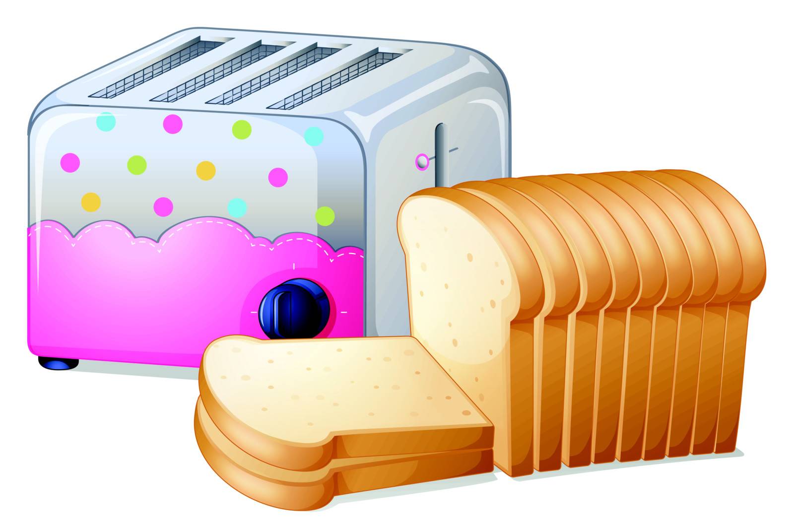 Illustration of an oven toaster and slices of breads on a white background