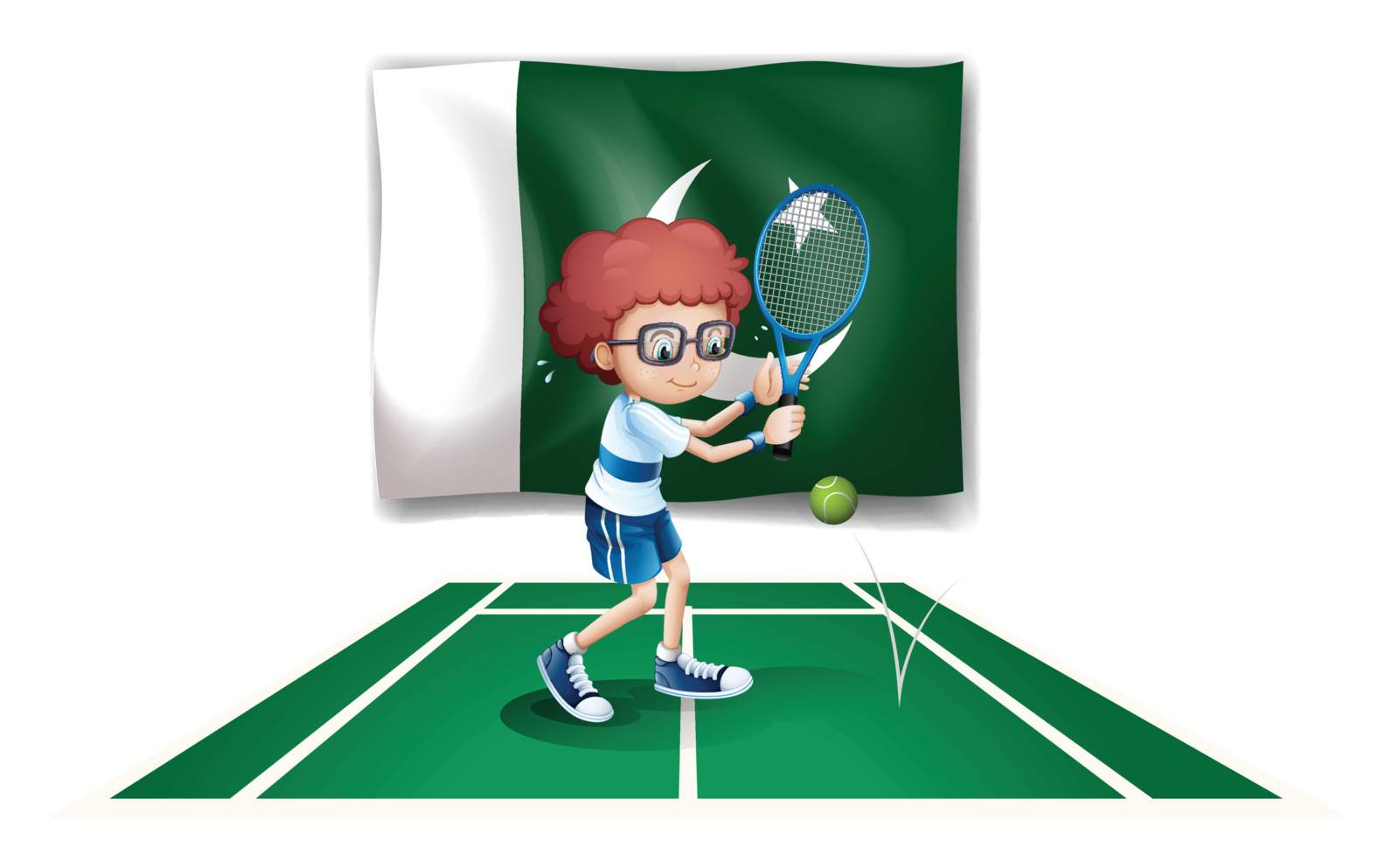 Illustration of a tennis player in front of the flag of Pakistan on a white background