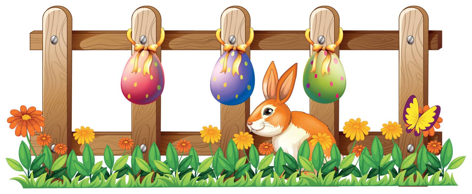 Illustration of the Easter eggs at the fence and a bunny on a white background