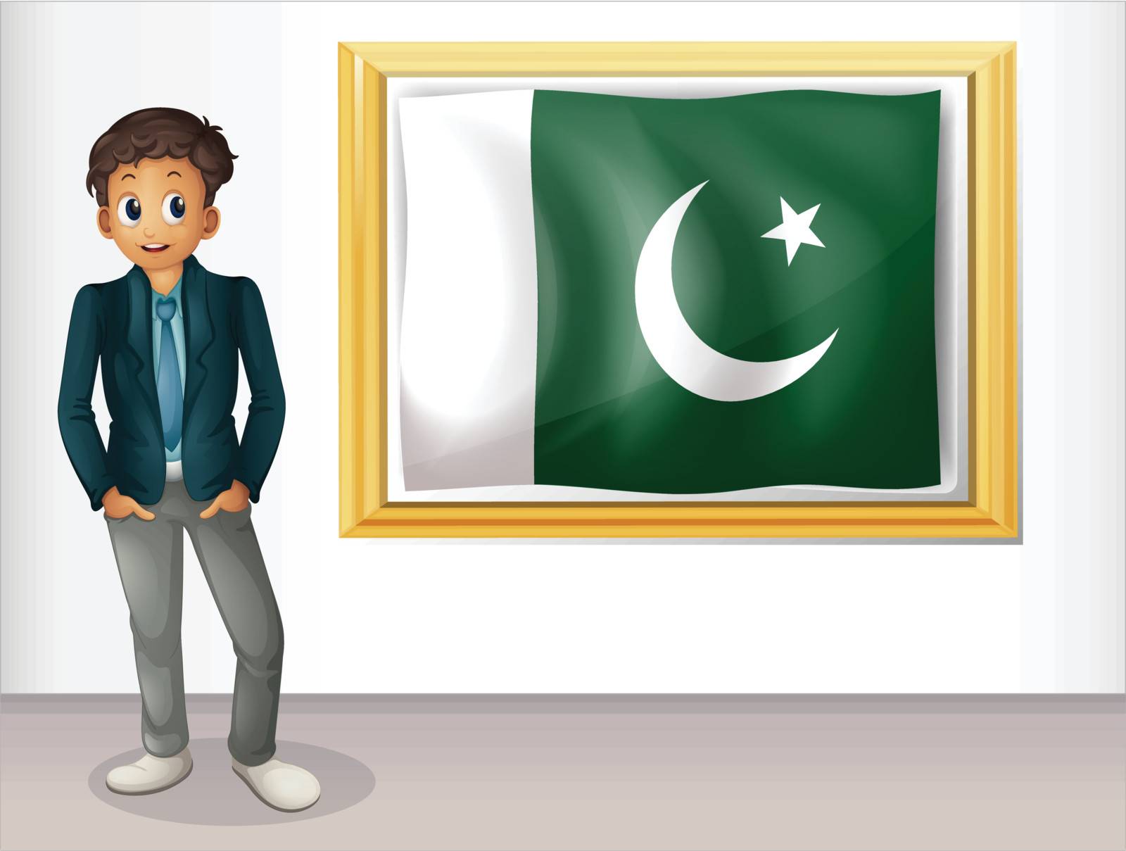 Illustration of a man beside the framed flag of Pakistan on a white background