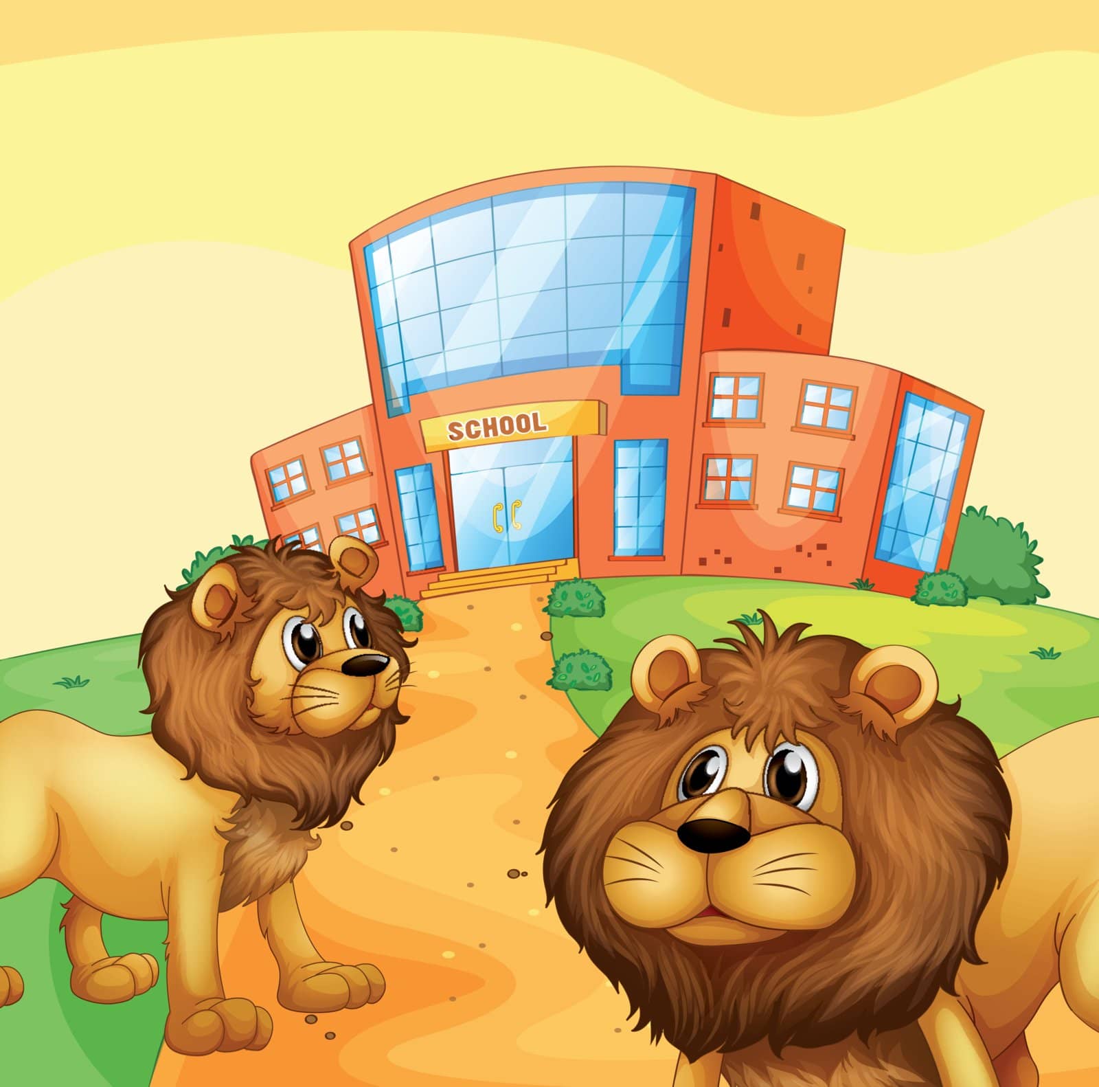 Illustration of the two wild lions in front of a school building