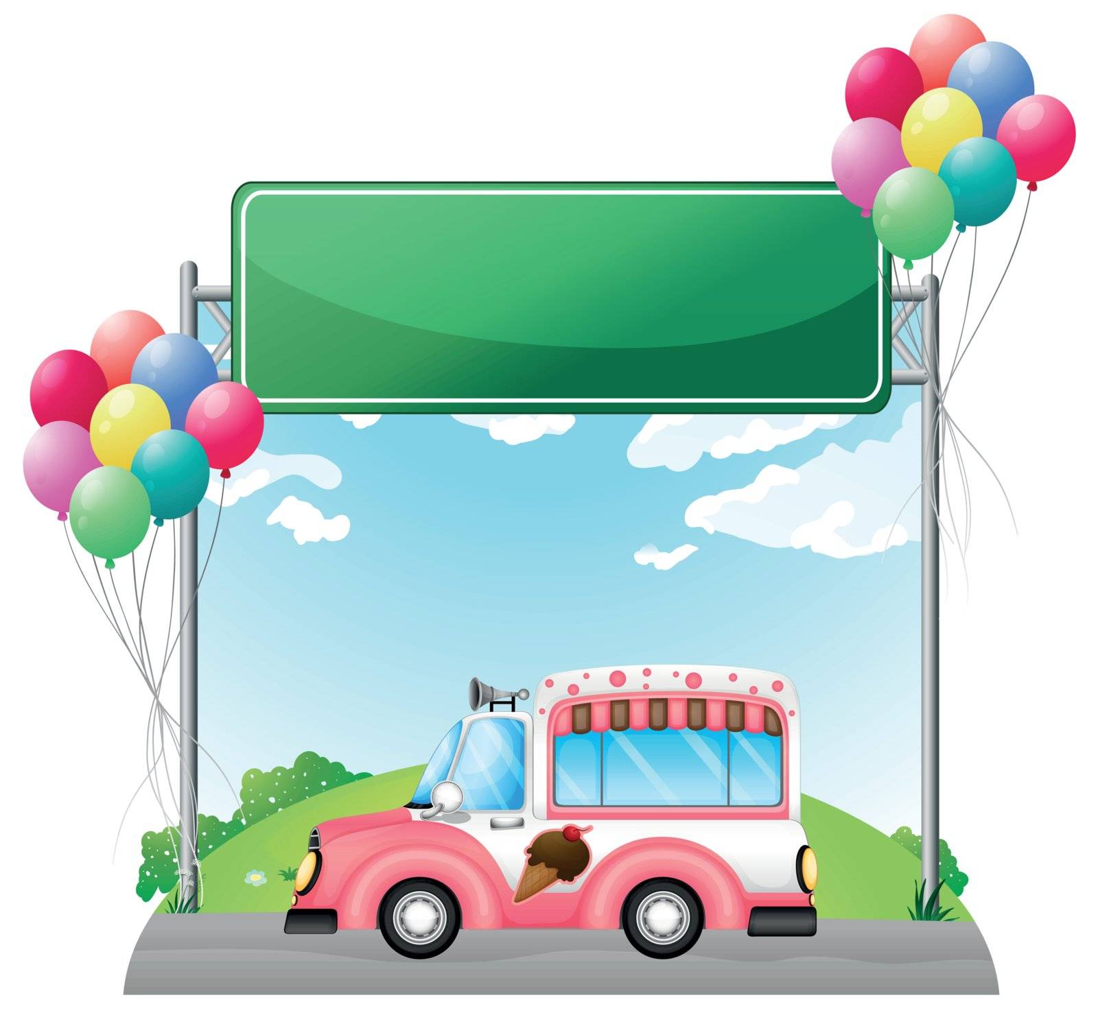 Illustration of a pink ice cream bus near an empty green board on a white background