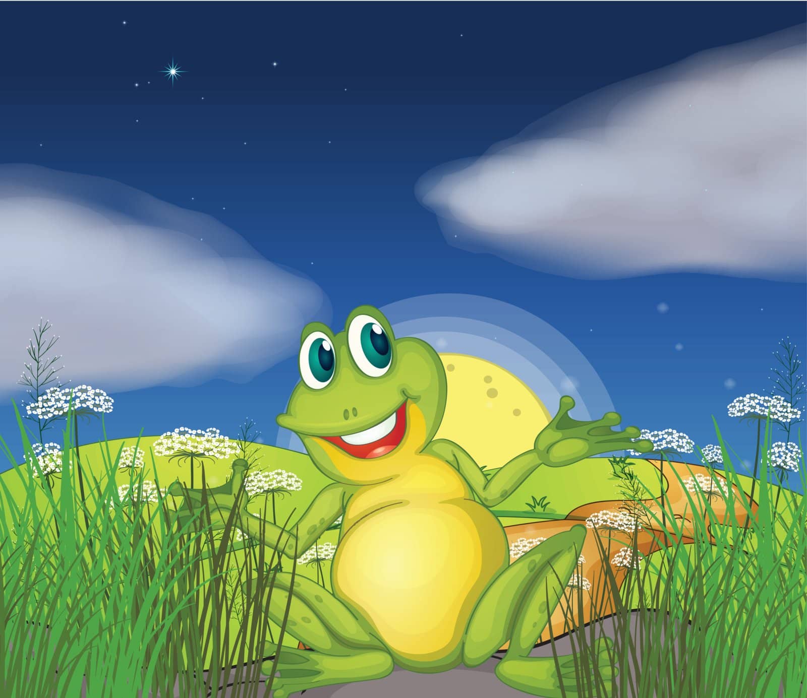Illustration of a big green frog at the road