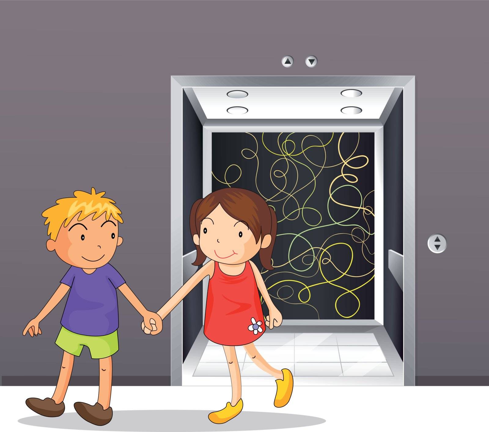 Illustration of a girl and a boy holding hands near the elevator