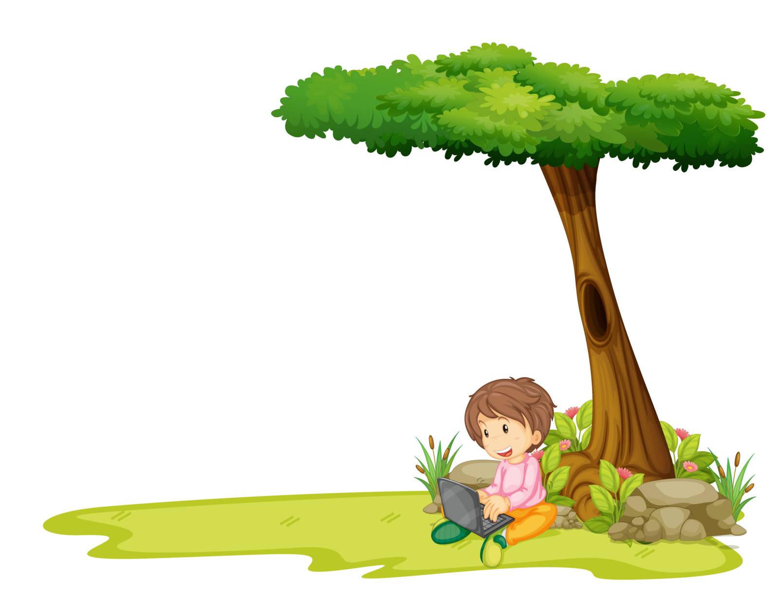 Illustration of a boy with a laptop under a tree on a white background