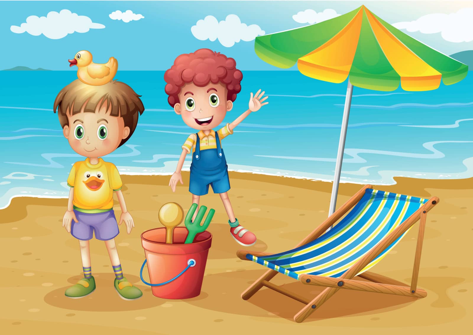 Illustration of the kids at the beach with an umbrella and a foldable bed