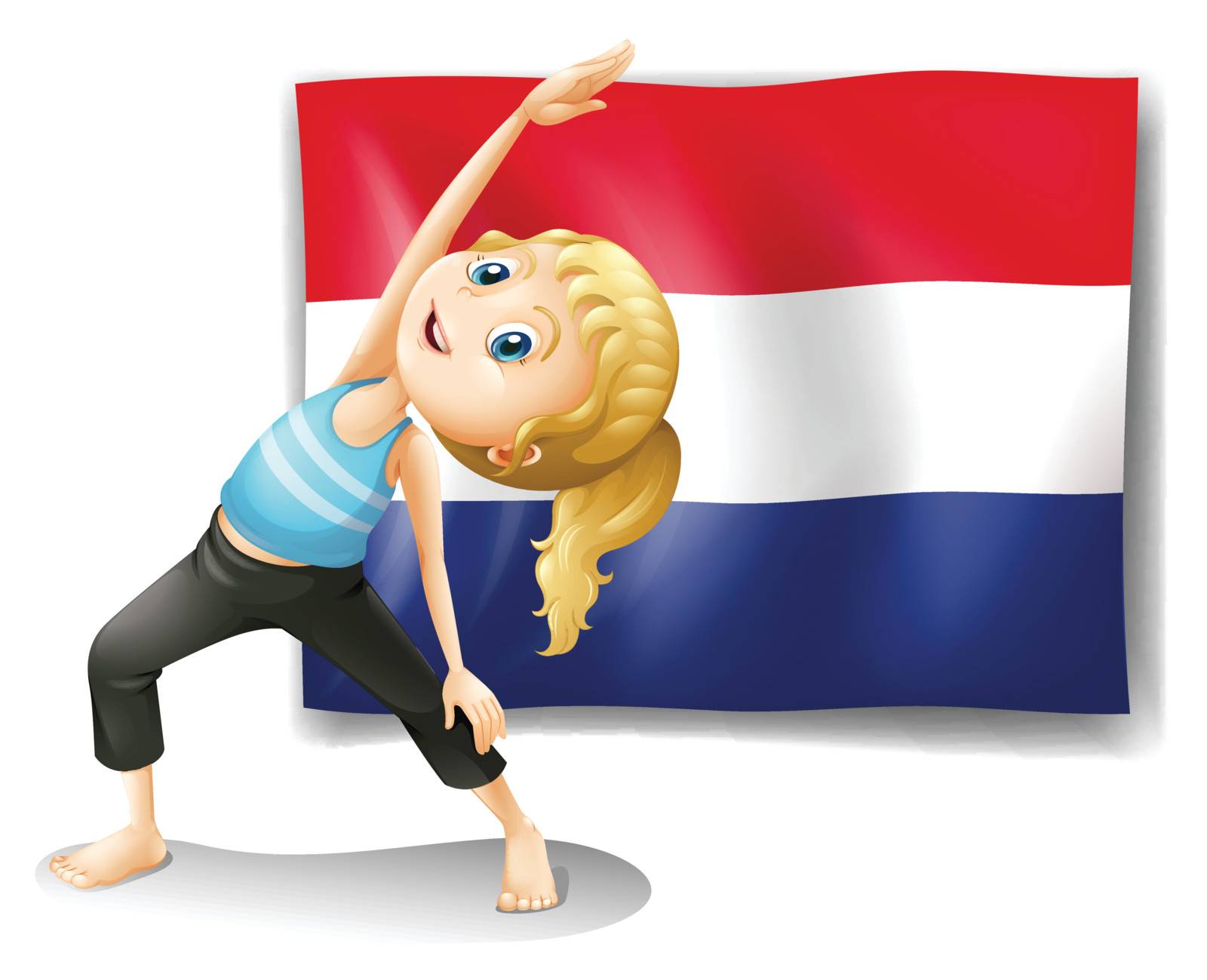 Illustration of a girl in front of the flag of Netherlands on a white background