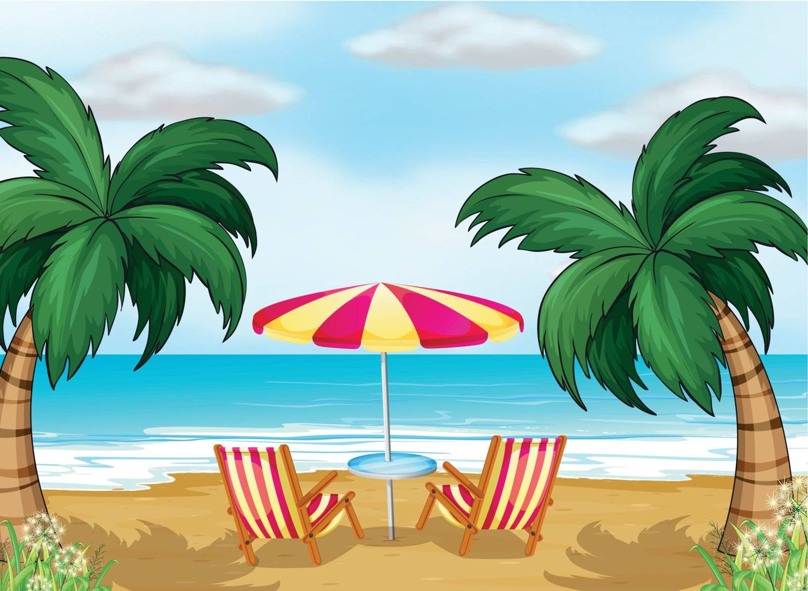 Illustration of the view of the beach with a beach umbrella and chairs