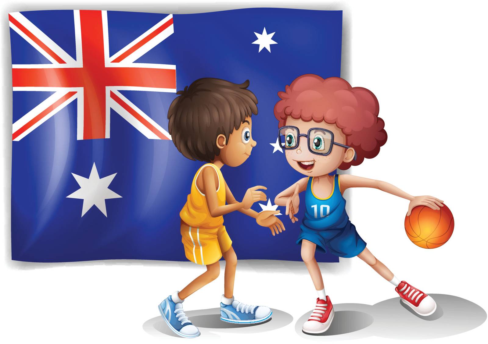 Illustration of the basketball players in front of the Australian flag on a white background