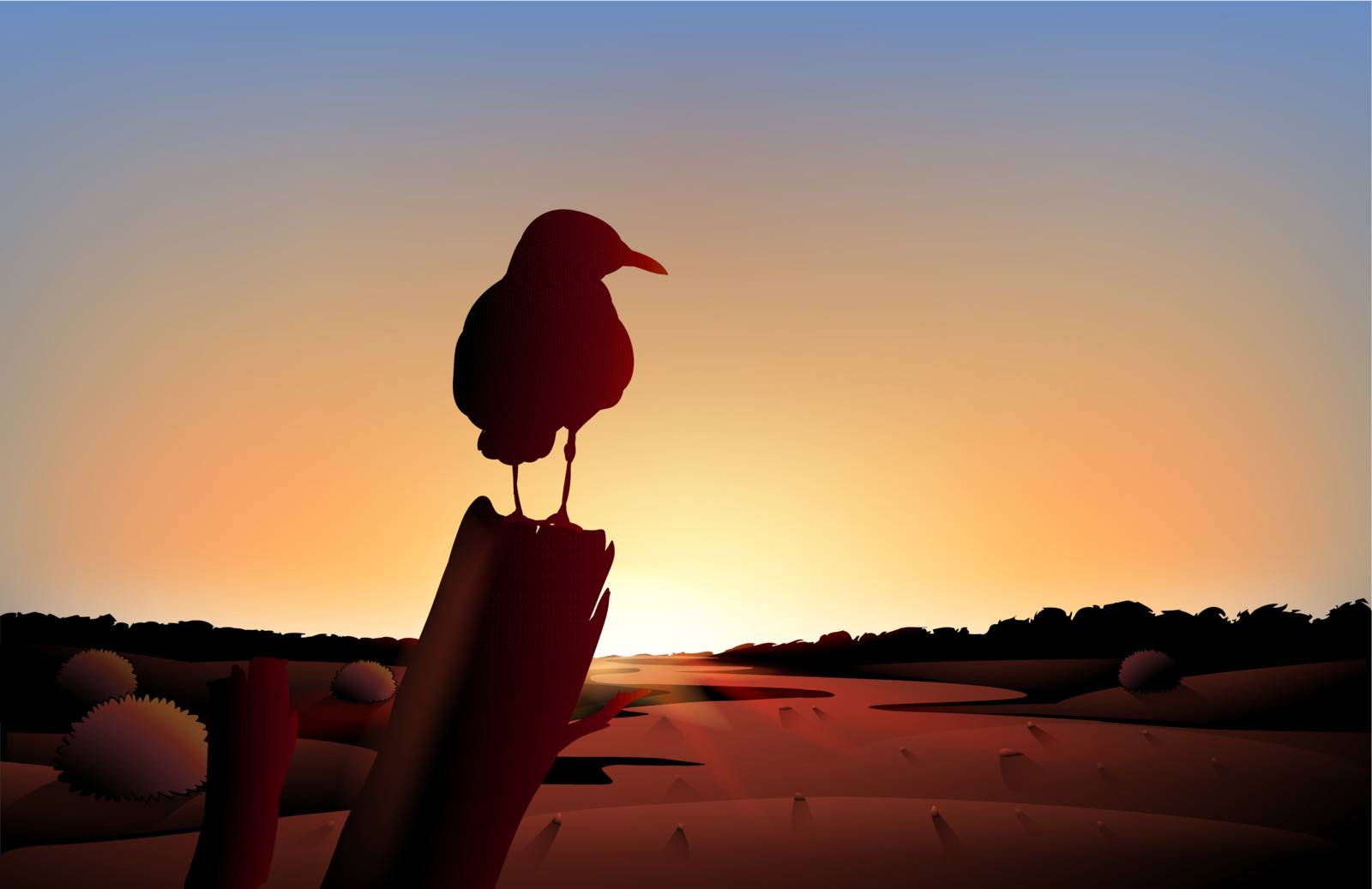 Illustration of the sunset view of the desert with a big bird