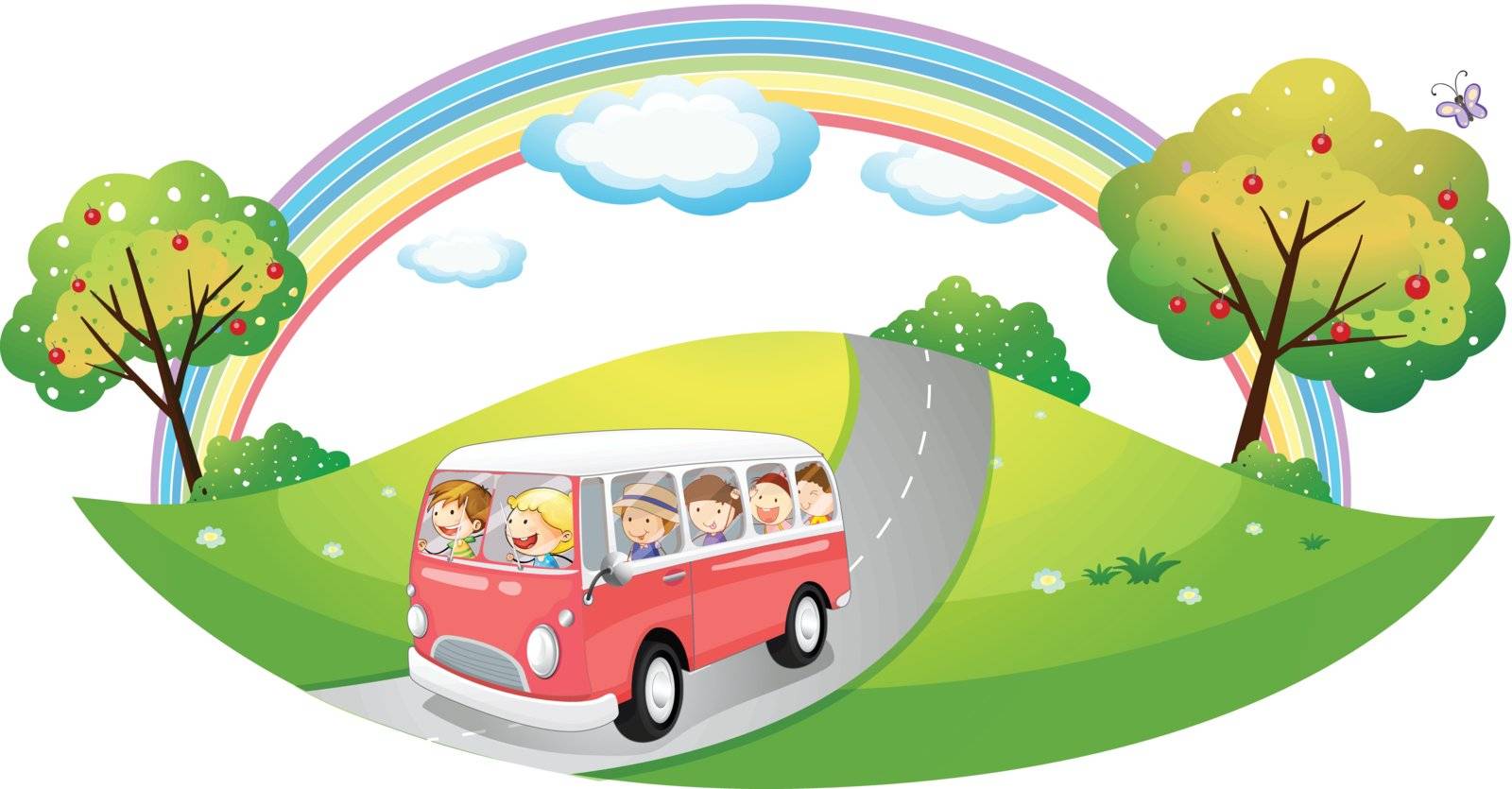 Illustration of a pink bus with passengers on a white background