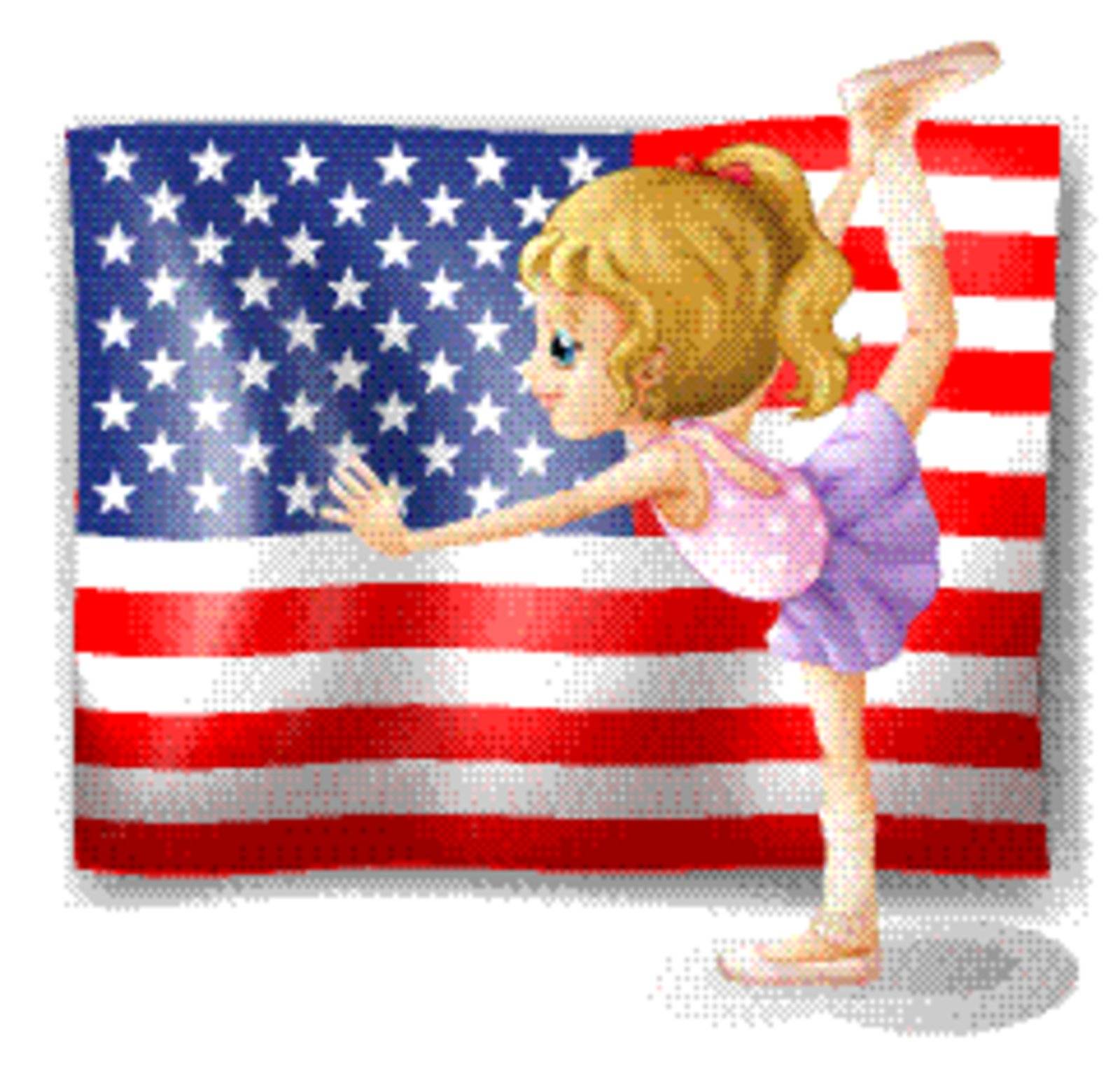 Illustration of the flag of USA at the back of a dancer on a white background